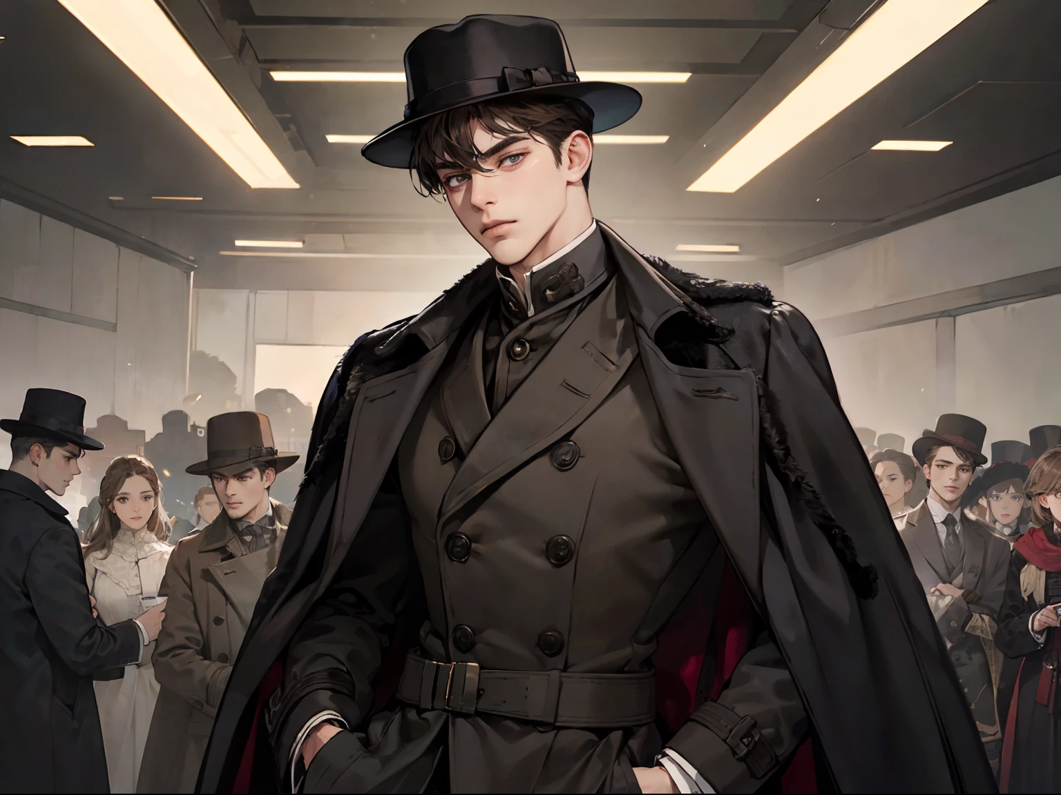 masterpiece, best quality, realistic, 1man, mature male, quiet and charming young man, 25 years old, close his eyes, serious look, extremely detailed face, ((dark grey eyes)), ((short-right-swept dark brown hair)), [thick eyebrows], detective, ((Dressed in a classic overcoat and fedora hat)), cinematic lighting, looking at the audience, posture dynamics, Victorian era