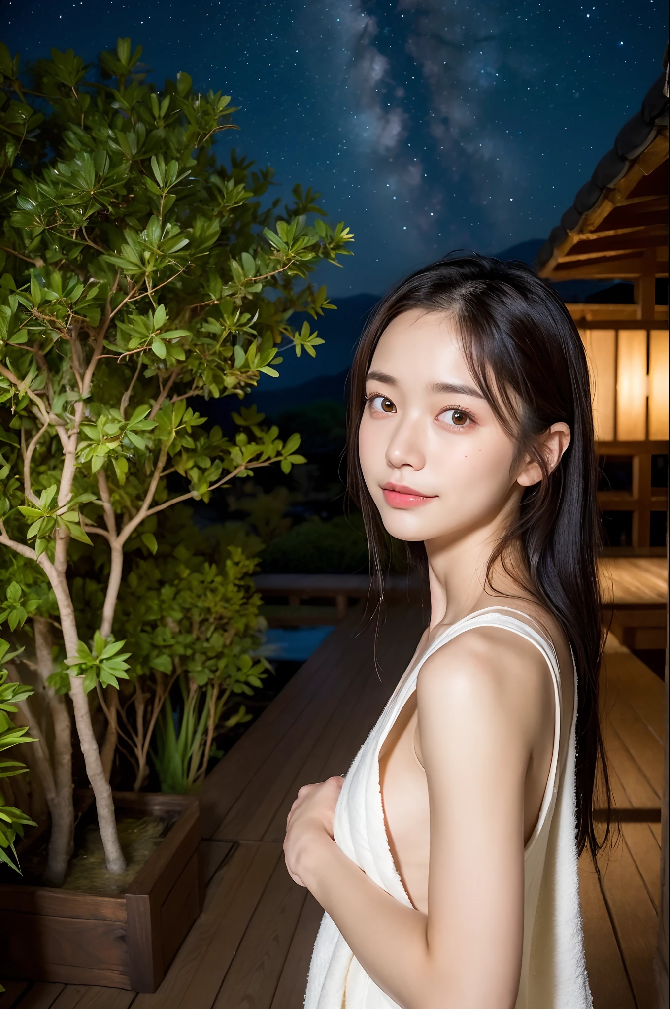 (natta:1.7), East Asian Architecture, 1womanl,  sixteen years old、Beautiful shiny straight semi-long、Beautiful fingers,Beautiful long legs,Beauty Body，Cute nose，Beautiful character design，perfect  eyes，face perfect，looking at viewert，（Innocent_Big_Eyes：1.0），（light_Smile：0.3），offcial art，ighly detailed ，（tmasterpiece:1.0),(best_quality:1.0), 超A high resolution,4K,ultra - detailed, photography of, 8K, nffsw, hight resolution, the background is blurred, (Beautiful_Face:1.5),(8K,Raw photo, 、Relax at a ryokan in Japan、The background is an ordinary inn(Depict the inside of the room more widely:1.2) Night view of the beautiful hot spring town from the window of the inn:1.3),(Girls are not subjects:1.3) (Hair after a bath:1.3)),((A girl is outside an inn and looking at the starry sky:1.3)), ((Standing naked with a bath towel wrapped around his side:1.3)),((The starry sky is beautiful:1.3))、((Wear Japan clogs:1.3))(There is a large Japan garden outside the inn......:1.3),((Girl is outdoors in beautiful Japan garden at night:1.3))((The main character is Japan garden))