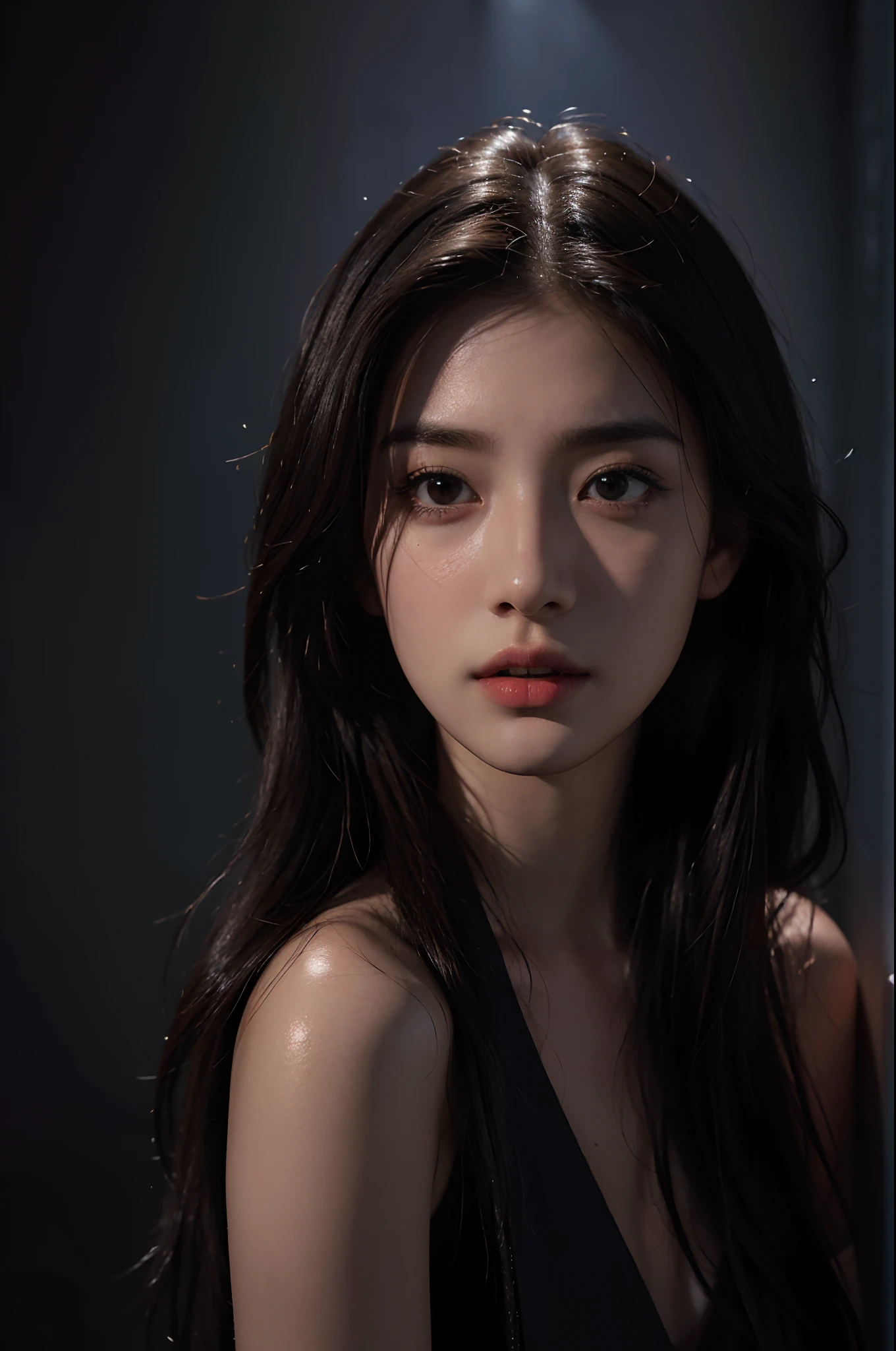1girl, 175cm,korean kpop idol and model ,23 years old,soft body, jet black hair, wavy hair,whole body, hair reaches waist, whole body,((head to leg)),close-up, 8k, RAW photo, best quality, masterpiece,realistic, photo-realistic,cute(front focus), (in the dark:1.6), Hyperrealist portrait of female by david hockney and alphonse mucha, fantasy art, photo realistic, dynamic lighting, artstation, poster, volumetric lighting, very detailed faces, 4 k, award winning, 1girl, in the dark, deep shadow, low key, cowboy shot, (official clothing:1.4), long hair