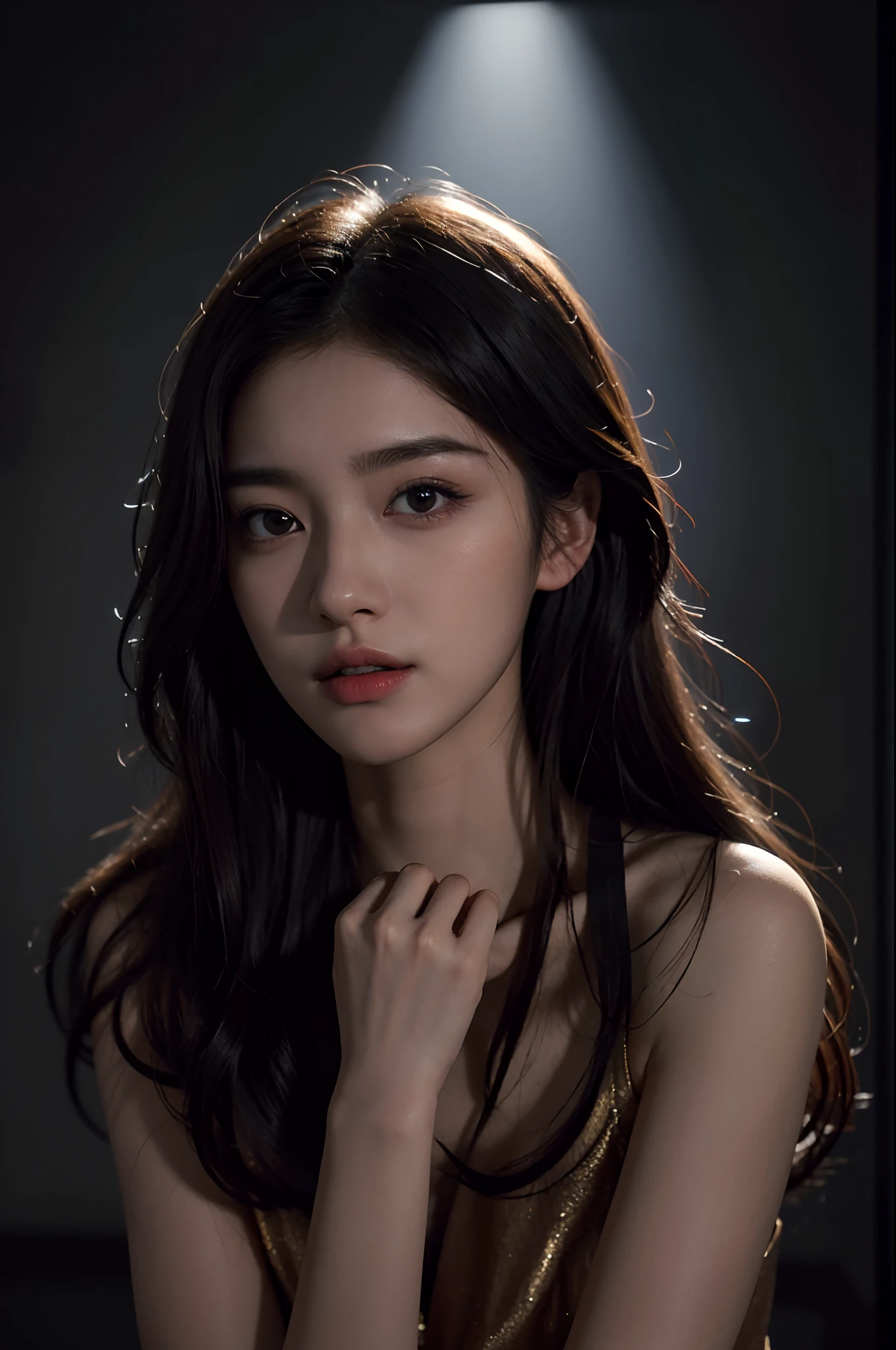 1girl, 175cm,korean kpop idol and model ,23 years old,soft body, ,close-up, 8k, RAW photo, best quality, masterpiece,realistic, photo-realistic,seductive,cute,A beautiful woman in a black see through dress，the breasts are large，Liuhai hairstyle，Ponytail hairstyle, sit on a table