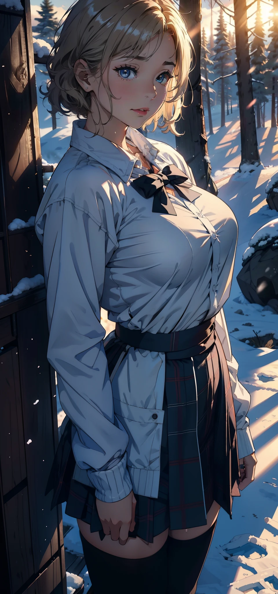 1female,18yr old,Large breasts, 独奏,(Background with:coniferous forest,at winter season,Snow on the ground) She has short blonde hair, standing on your feet,Sweat profusely,drenched all over the body,From the front side, curlies, mostly cloudy sky,(((tmasterpiece),(Very detailed CG unity 8K wallpaper),best qualtiy,cinmatic lighting,detailed back ground,beatiful detailed eyes,Bright pupils,(Very fine and beautiful),(Beautiful and detailed eye description),ultra - detailed,tmasterpiece,)),facing at camera,A high resolution,ultra - detailed),Big high school girl,Wearing a JK uniform,blackstockings,