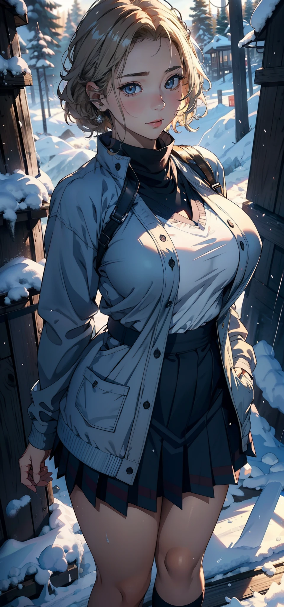 1female，18yr old，Large breasts， 独奏，（Background with：coniferous forest，at winter season，Snow on the ground）  She has short blonde hair， standing on your feet，Sweat profusely，drenched all over the body，From the front side， curlies， mostly cloudy sky，（（（tmasterpiece），（Very detailed CG unity 8K wallpaper），best qualtiy，cinmatic lighting，detailed back ground，beatiful detailed eyes，Bright pupils，（Very fine and beautiful），（Beautiful and detailed eye description），ultra - detailed，tmasterpiece，）），facing at camera，A high resolution，ultra - detailed），Big high school girl，Wearing a JK uniform，blackstockings，