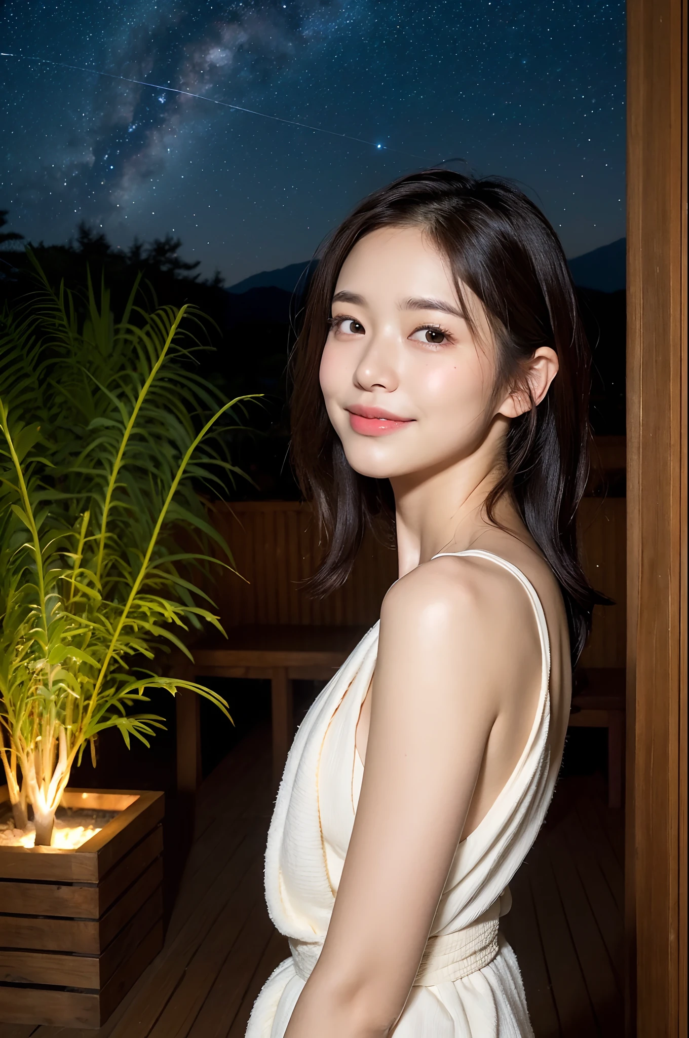 (natta:1.7), East Asian Architecture, 1womanl, sixteen years old、Beautiful shiny straight semi-long、Beautiful fingers,Beautiful long legs,Beauty Body,Cute nose,Beautiful character design,perfect eyes,face perfect,looking at viewert,(Innocent_Big_Eyes:1.0),(light_Smile:0.3),offcial art,ighly detailed ,(tmasterpiece:1.0),(best_quality:1.0), 超A high resolution,4K,ultra - detailed, photography of, 8K, nffsw, hight resolution, the background is blurred, (Beautiful_Face:1.5),(8K,Raw photo, 、Relax at a ryokan in Japan、The background is an ordinary inn(Depict the inside of the room more widely:1.2) Night view of the beautiful hot spring town from the window of the inn:1.3),(Girls are not subjects:1.3) (Hair after a bath:1.3)),((A girl is outside an inn and looking at the starry sky:1.3)), ((Standing naked with a bath towel wrapped around his side:1.3)),((The starry sky is beautiful:1.3))、((Wear Japan clogs:1.3))(There is a large Japan garden outside the inn......:1.3),((Girl is outdoors in beautiful Japan garden at night:1.3))((The main character is Japan garden))