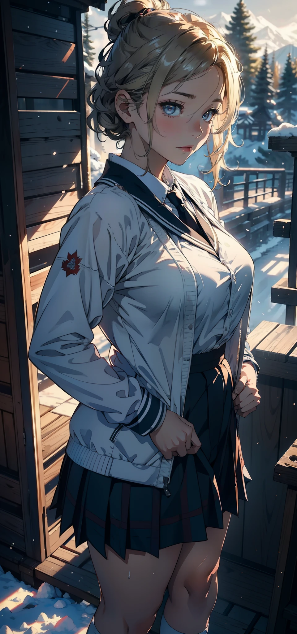 1female,18yr old,Large breasts, 独奏,(Background with:coniferous forest,at winter season,Snow on the ground) She has short blonde hair, standing on your feet,Sweat profusely,drenched all over the body,From the front side, curlies, mostly cloudy sky,(((tmasterpiece),(Very detailed CG unity 8K wallpaper),best qualtiy,cinmatic lighting,detailed back ground,beatiful detailed eyes,Bright pupils,(Very fine and beautiful),(Beautiful and detailed eye description),ultra - detailed,tmasterpiece,)),facing at camera,A high resolution,ultra - detailed),Big high school girl,Wearing a JK uniform,blackstockings,