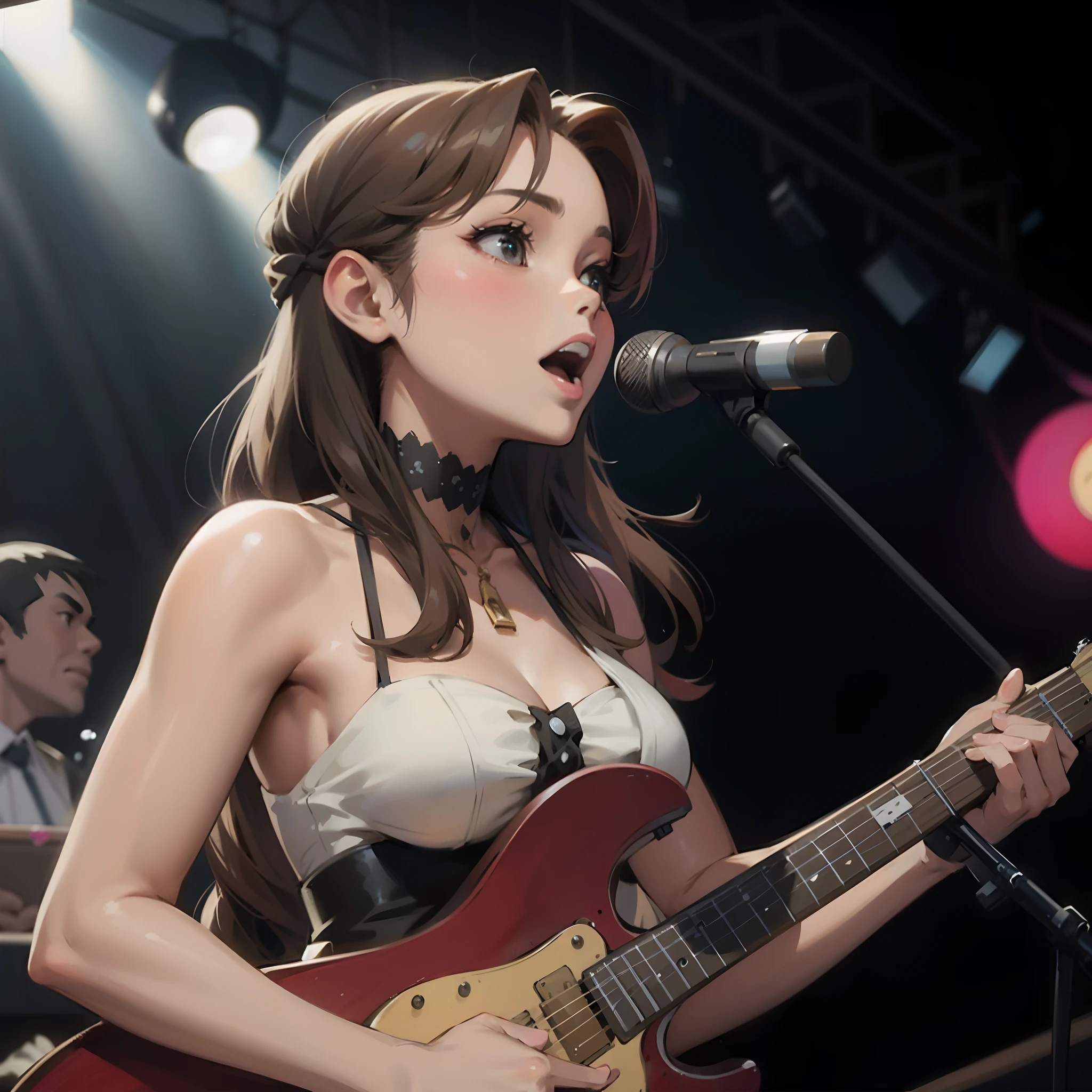 Anime Girl avec guitare et micro chantant dans le microphone, high detailed official artwork, maaussi kitagawa fanart, painted in anime painter studio, official artwork, made with anime painter studio, Smooth anime CG Art, photorealistic anime girl render, par Yoshihiko Wada, background artwork, realistic anime 3 d style, anime styled 3d, aussi, artwork in the style of guweiz