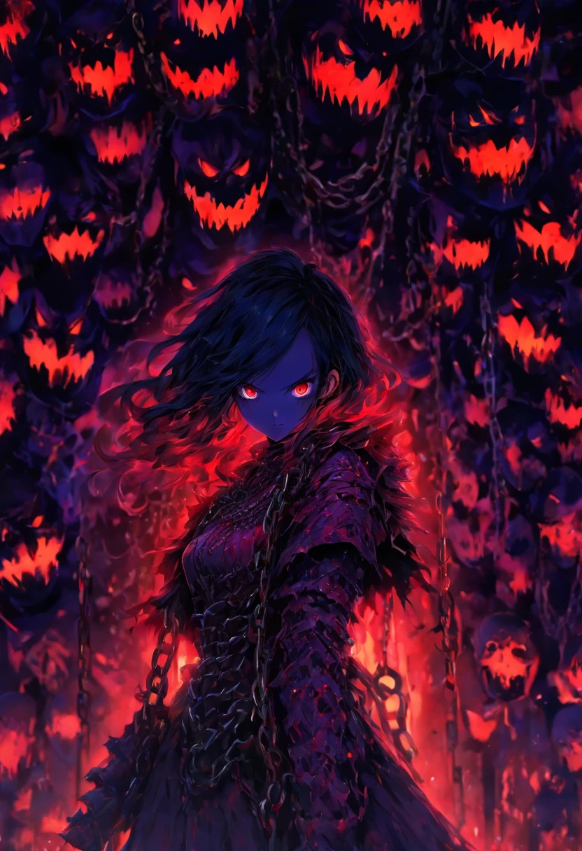 ((horror girl)), (blood big armor, (lots of chains),