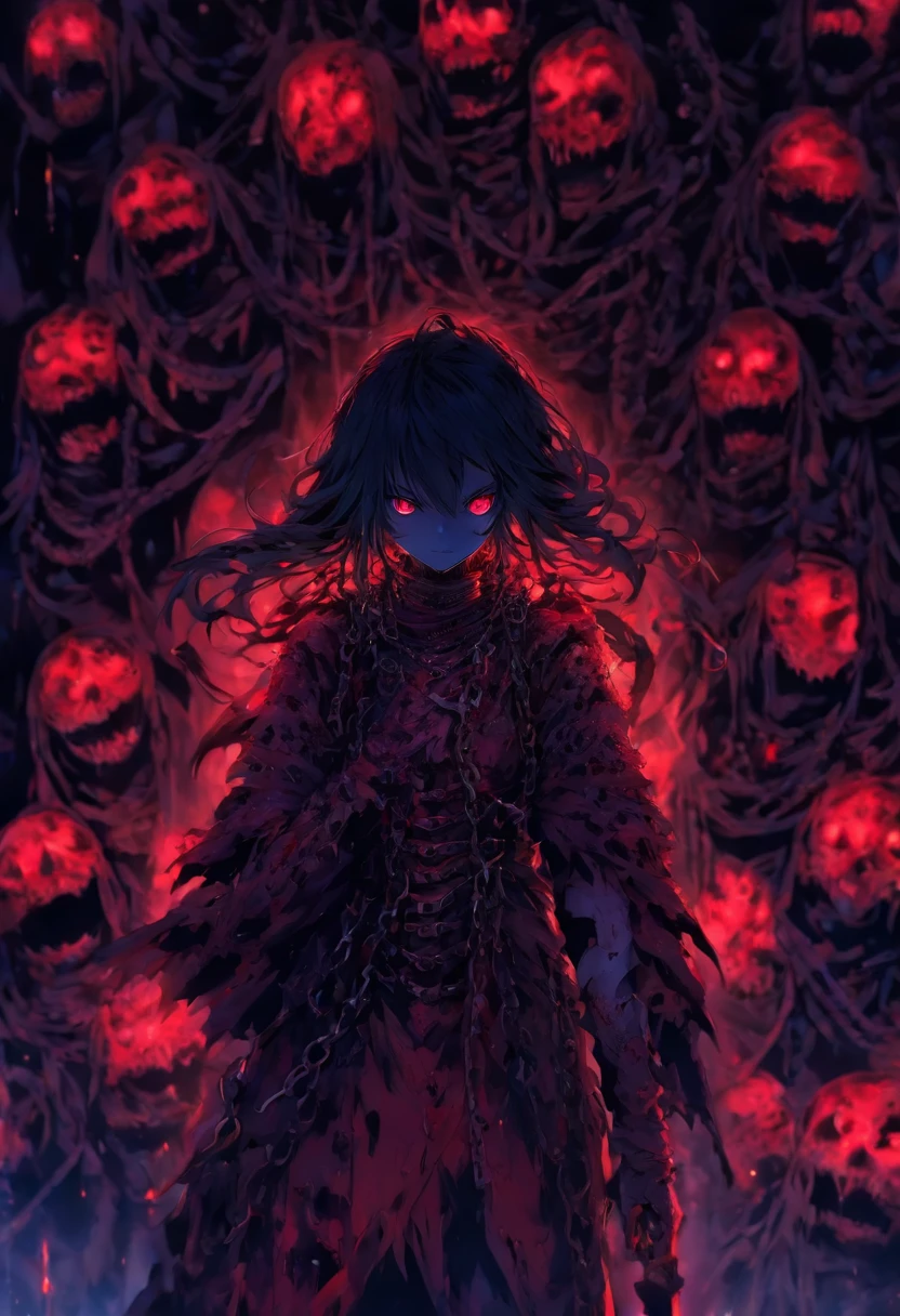 ((horror girl)), (blood big armor, (lots of chains),