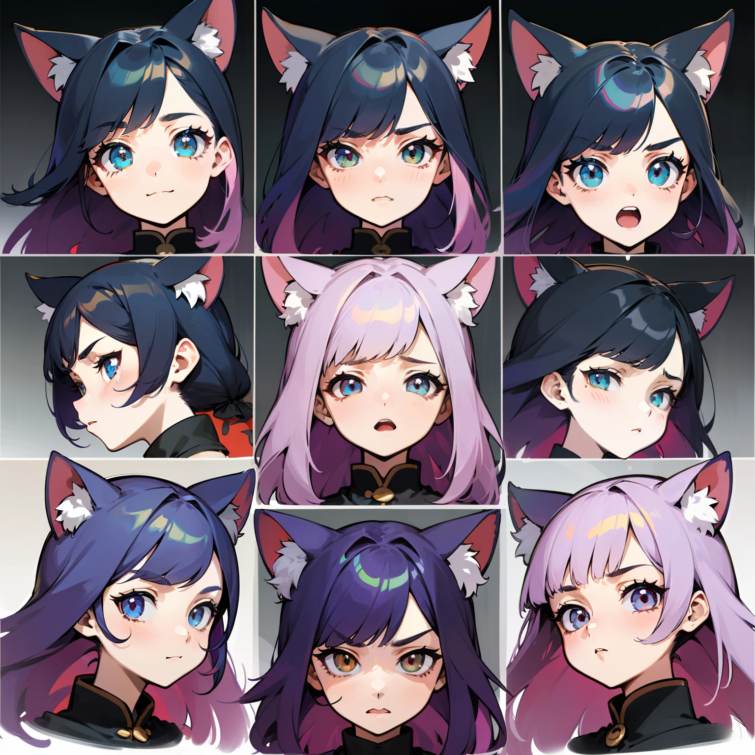 ((Oblablyma)), ((Max Quality)), (Character Design Sheet, Same character, frente, perfil, Suelas), Retrato del cuello para arriba, Facial expression changes scene, (Facial expression pattern, eyes closed, bored expression, cara ansiosa, serious expression, They are smiling, cara llorando, Lamentando, Abrir la boca) illustration, 1 girl, Color de cabello rosa, flequillo, Fax de peinado, ojos, Fax de peinado, Pose Jitai, damas, kemono, Orejas de gato, cabello rosa, pelo corto, orejas de zorro (Fondo simple, fondo blanco: 1.3)