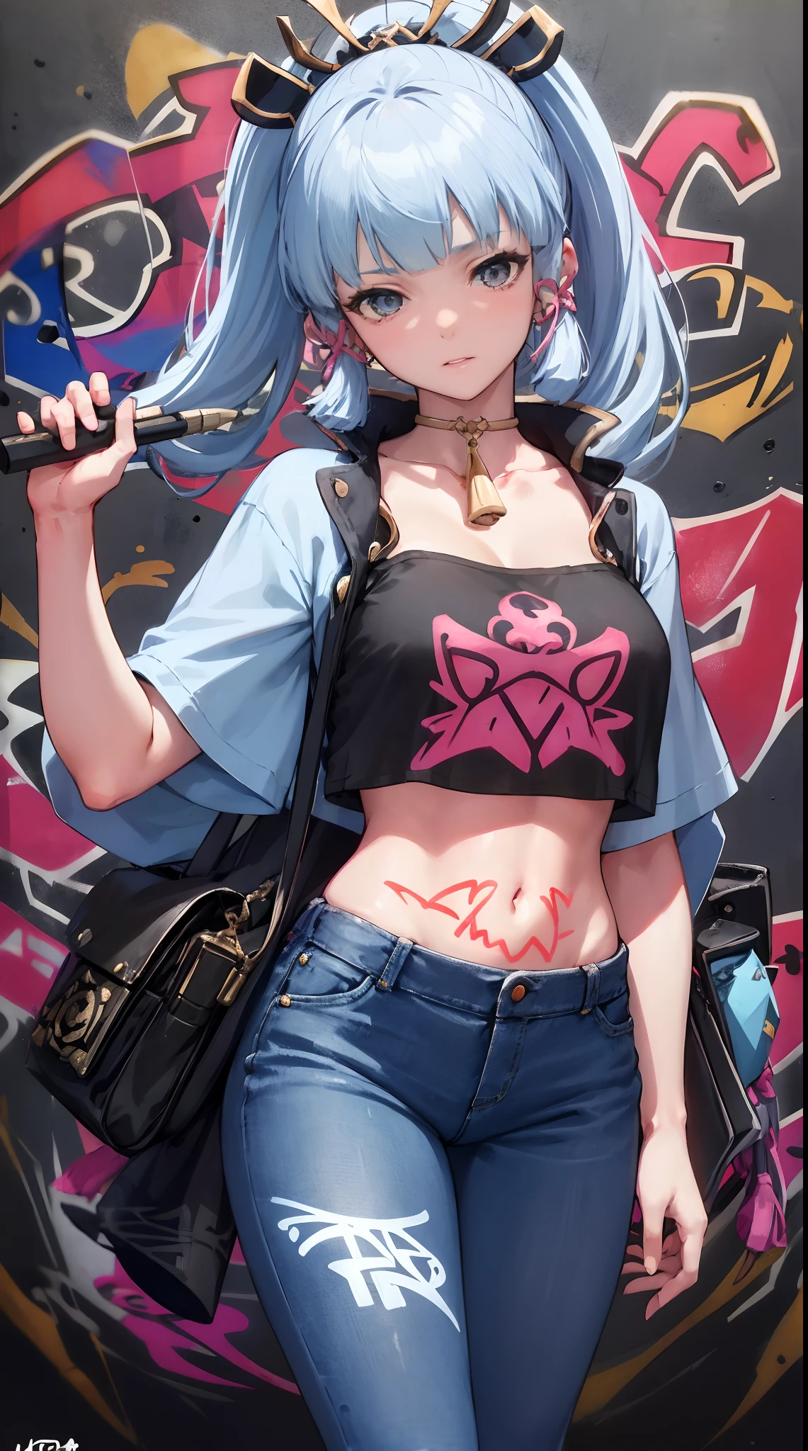 kamisato ayaka|genshin impact, master-piece, bestquality, 1girls,25 years old, proportional body, elongated legs, Beautiful, proportional., crop top, Long Jeans, mediuml breasts, ,bara, crop top, choker, (Graffiti:1.5), Splash with purple lightning pattern., arm behind back, against wall, View viewers from the front., Thigh strap, Head tilt, bored,(NSTDA.:1.2), (10, beste-Qualit, master-piece: 1.4), Beautiful red hair, ultra-high resolution, (lifelike, photorealistic portrait: 1.48), 20 age, Cute Girl, (Looking Through Crop Tops.), Famous Japanese actors, beautiful clear eyes, Head tilt, cowboy shot, from the front, looking at the audience, expressionless, Beautiful lake, Zeiss 150mm F/ 2.8 Hasselblad, Whole body, foot, Ultra-Wide Angle,