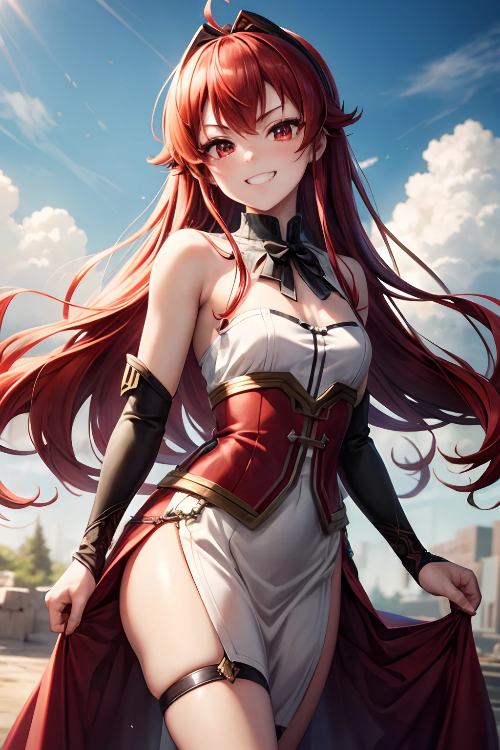 (masterpiece, best quality:1.2), half body shot, solo, female focus, 1girl, eris greyrat, red hair, red eyes, formal dress, sexy female, small chest, grin, looking at viewer