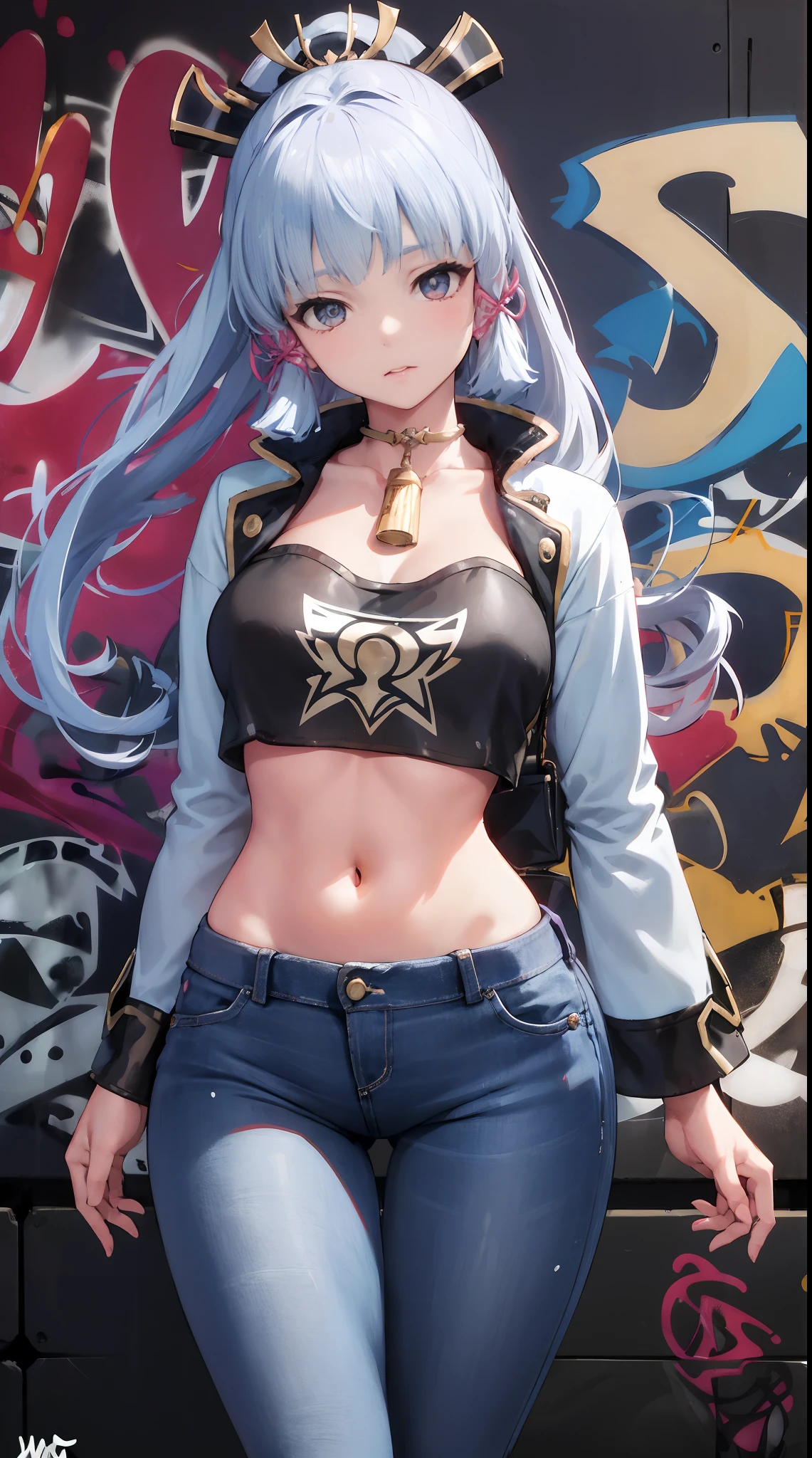 kamisato ayaka|genshin impact, master-piece, bestquality, 1girls,25 years old, proportional body, elongated legs, Beautiful, proportional., crop top, Long Jeans, mediuml breasts, ,bara, crop top, choker, (Graffiti:1.5), Splash with purple lightning pattern., arm behind back, against wall, View viewers from the front., Thigh strap, Head tilt, bored,(NSTDA.:1.2), (10, beste-Qualit, master-piece: 1.4), Beautiful red hair, ultra-high resolution, (lifelike, photorealistic portrait: 1.48), 20 age, Cute Girl, (Looking Through Crop Tops.), Famous Japanese actors, beautiful clear eyes, Head tilt, cowboy shot, from the front, looking at the audience, expressionless, Beautiful lake, Zeiss 150mm F/ 2.8 Hasselblad,  Whole body, foot, Ultra-Wide Angle,