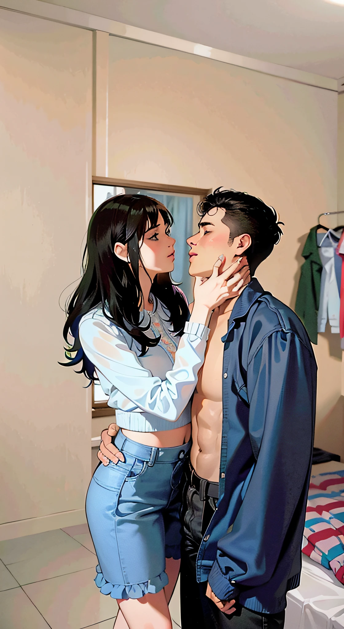 they are standing in a bedroom with a bed and a dresser, couple pose, in style of petra collins, profile image, profile pic, petra collins and mc. escher, kissing together cutely, couple kissing, in style of nan goldin, inspired by Nan Goldin, still from a music video, by Emma Andijewska
