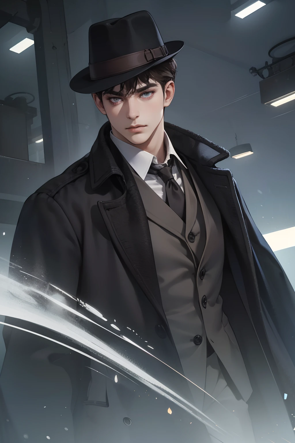 masterpiece, best quality, realistic, 1man, mature male, quiet and charming young man, 25 years old, close his eyes, serious look, extremely detailed face, ((dark grey eyes)), ((short-right-swept dark brown hair)), [thick eyebrows], detective, ((Dressed in a classic overcoat and fedora hat)), cinematic lighting, looking at the audience, posture dynamics, Victorian era