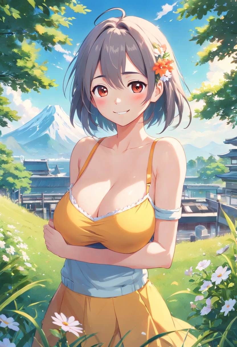 ((Best quality, 8K, Masterpiece: 1.4)),((Amazing detail: 1.3)),((illustration, Huge breasts: 1.2)),((High resolution1.1)),1girll,fox spirit,Kitsune,Long gray hair,Fox ears,red hairband,flowers in head,wariza,Bandeau top,Anime style,Manga,Sexy,exposed,Makeup,torogao,Seductive smile,eyes half closed,Simple background,mitts,Amazing art of painting,Colorful background,full bodyesbian,