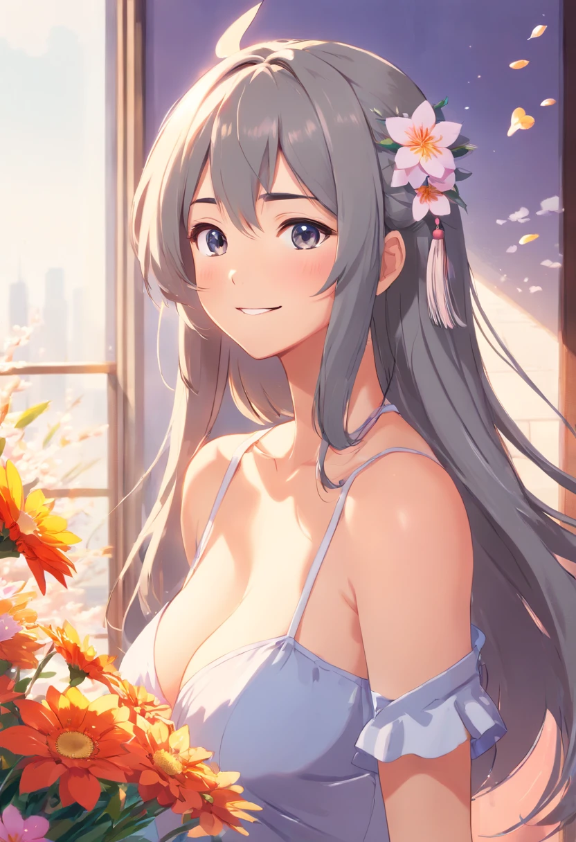 ((Best quality, 8K, Masterpiece: 1.4)),((Amazing detail: 1.3)),((illustration, Huge breasts: 1.2)),((High resolution1.1)),1girll,fox spirit,Kitsune,Long gray hair,Fox ears,red hairband,flowers in head,wariza,Bandeau top,Anime style,Manga,Sexy,exposed,Makeup,torogao,Seductive smile,eyes half closed,Simple background,mitts,Amazing art of painting,Colorful background,full bodyesbian,