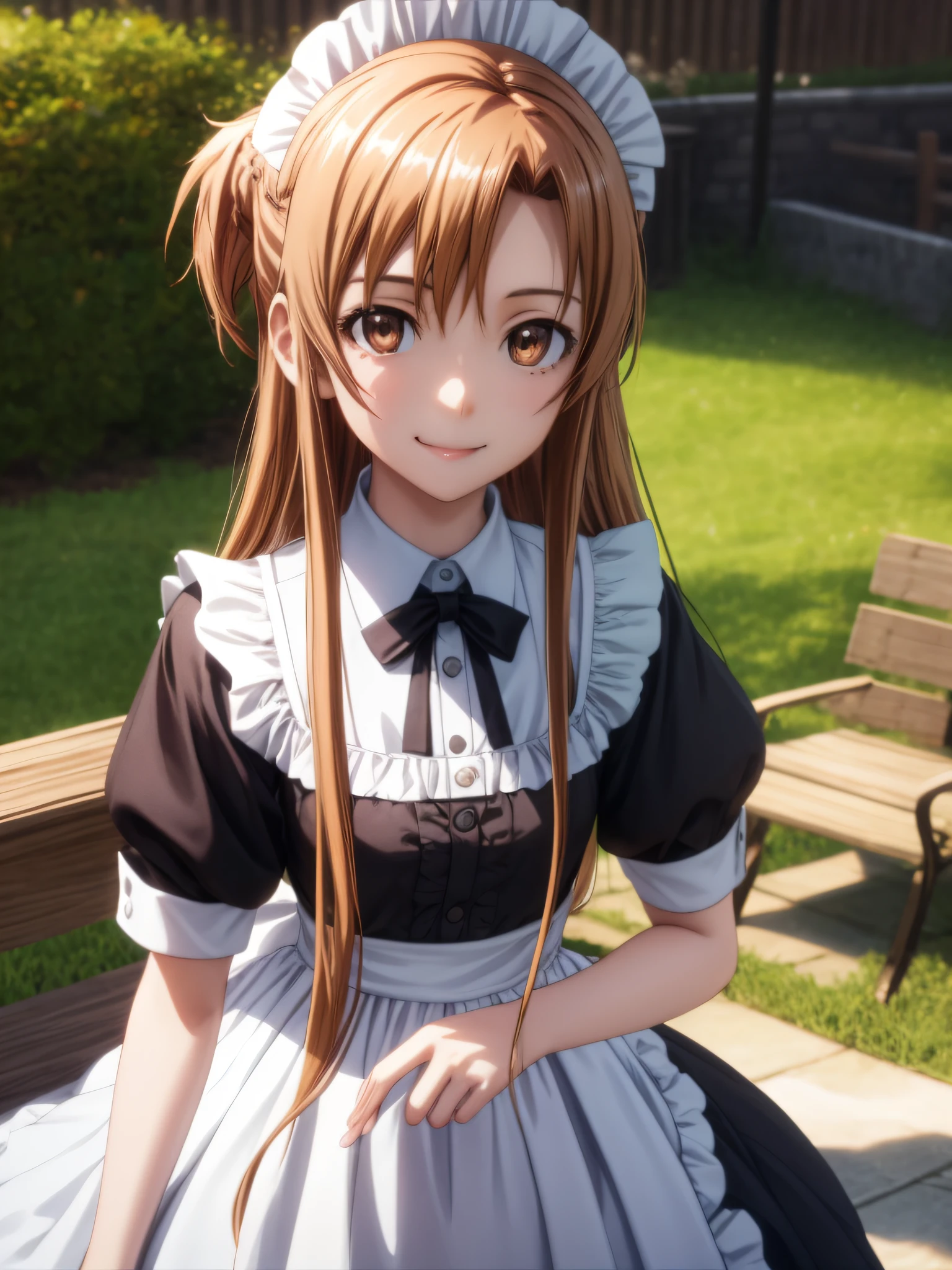 ​masterpiece、top-quality、ighly detailed、Three-dimensional feeling、女の子1人、 [3D images:1.15]、a park、 super precision、[[In high-quality anime、Cute with light brown hair and brown eyes:1.15]]、maid clothes, 8ＫImagen、A cute smile no matter who looks at it、Attractive eyes、Dress correctly、best pictures, Detailed finger、masutepiece, Photorealistic, High resolution, Soft light, Attractive eyes that make you feel sucked in