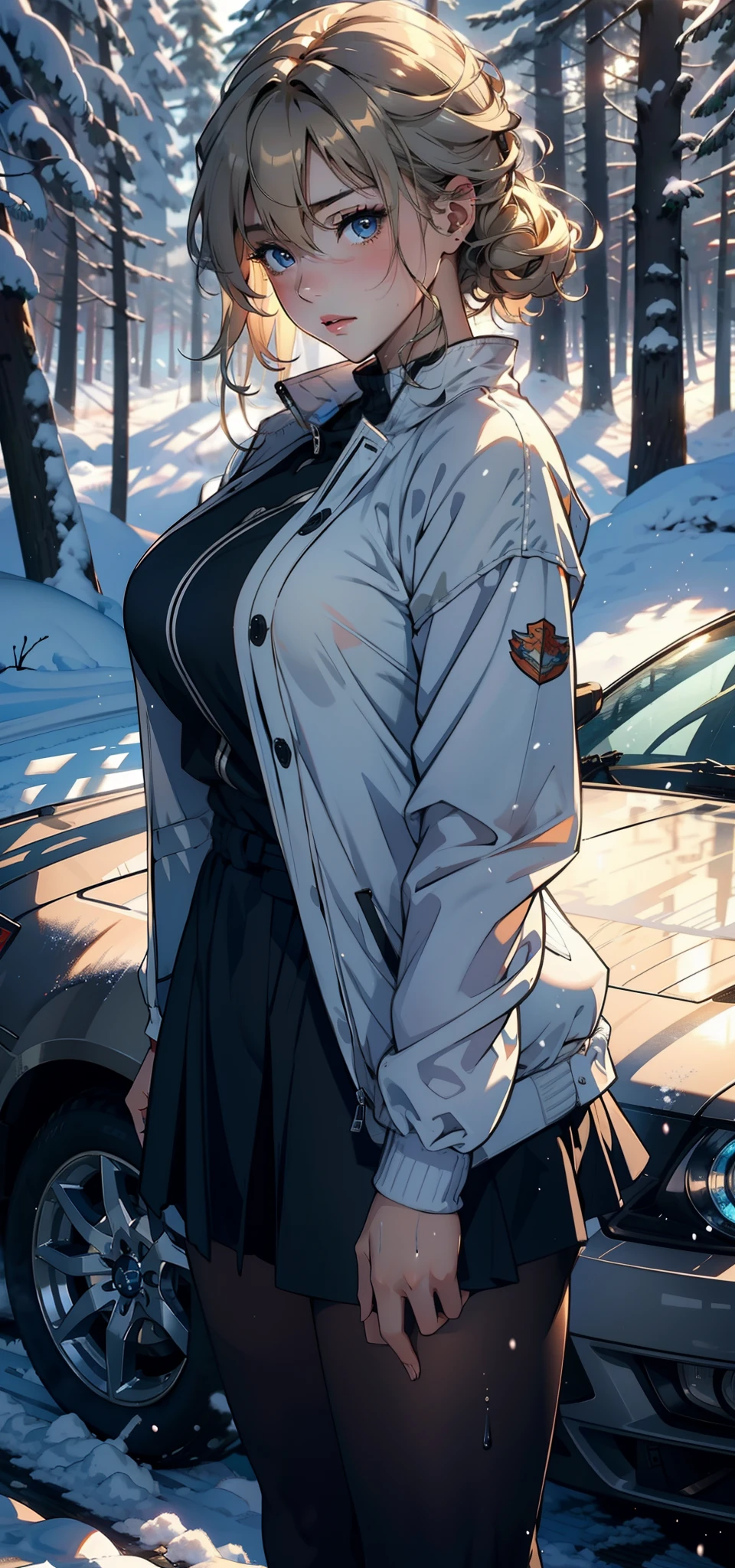1female,18yr old,Large breasts, 独奏,(Background with:coniferous forest,at winter season,Snow on the ground) She has short blonde hair, standing on your feet,Sweat profusely,drenched all over the body,From the front side, curlies, mostly cloudy sky,(((tmasterpiece),(Very detailed CG unity 8K wallpaper),best qualtiy,cinmatic lighting,detailed back ground,beatiful detailed eyes,Bright pupils,(Very fine and beautiful),(Beautiful and detailed eye description),ultra - detailed,tmasterpiece,)),facing at camera,A high resolution,ultra - detailed),Big high school girl,nakeness,比基尼,