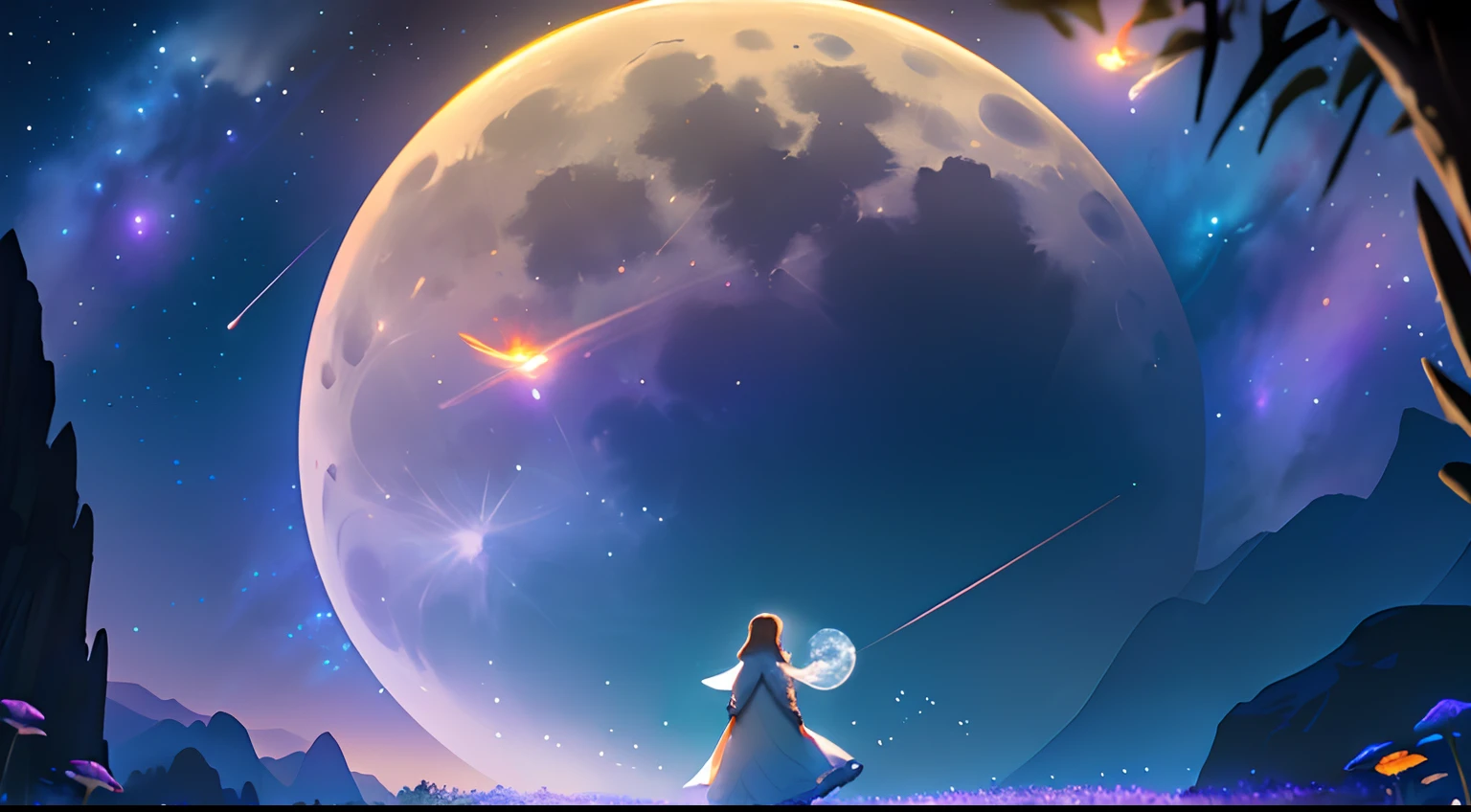 LANDSCAPE PHOTO (SEEN FROM BELOW, SKY ABOVE, FIELD BELOW), GIRL STANDING IN FLOWER GARDEN LOOKS UP (FULL MOON: 1.2), (METEOR: 0.9), (NEBULA: 1.3), DISTANT MOUNTAINS, TREES BREAK CRAFTING ART, (WARM LIGHT: 1.2), (FIREFLY: 1.2), LIGHTS, LOTS OF PURPLE AND ORANGE, INTRICATE DETAILS, VOLUMETRIC LIGHTING BREAK (MASTERPIECE: 1.2), ( Best Quality), 4K, Ultra Detailed, (Dynamic Composition: 1.4), Rich in Detail and Color, (Iridescent: 1.2), (Glow, Atmospheric Lighting), Dreamy, Magical, (Solo: 1.2)