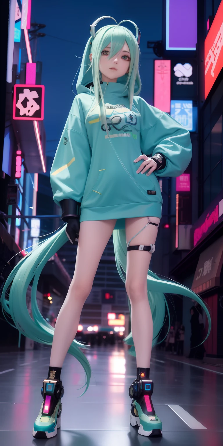 anime girl with long green hair and blue dress posing in a city, cyberpunk anime girl, digital cyberpunk anime art, cyberpunk anime girl in hoodie, trending on cgstation, female cyberpunk anime girl, trending on artstation pixiv, digital cyberpunk - anime art, hatsune miku, anime cyberpunk art, ross tran style, anime girl with teal hair, miku