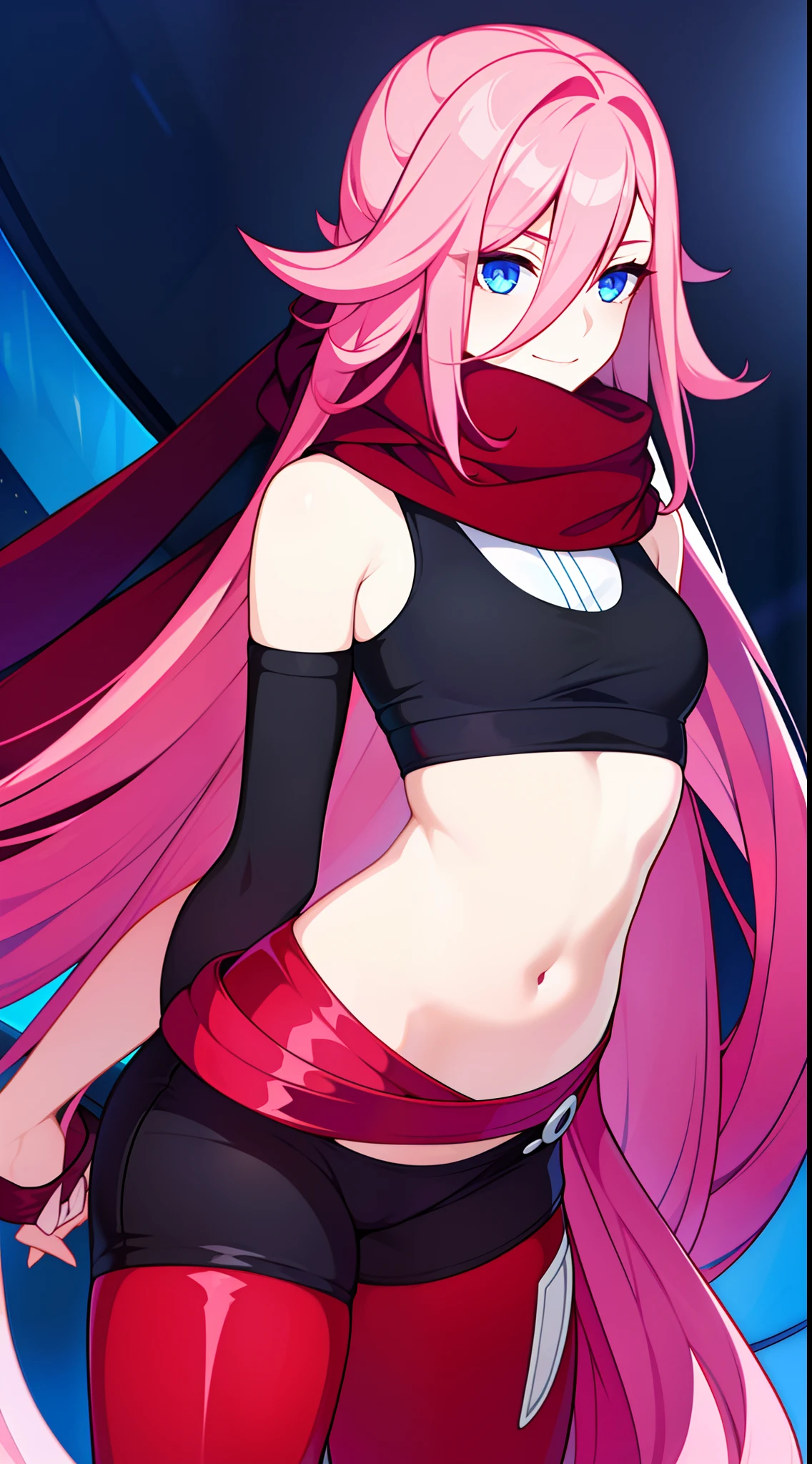 young girl, long pink hair, Layered hairstyle, blue eyes, smirk, Black tight top, red tight pants, open belly, Sleeveless, a scarf, Masterpiece, hiquality, 4k, HD, Good detail