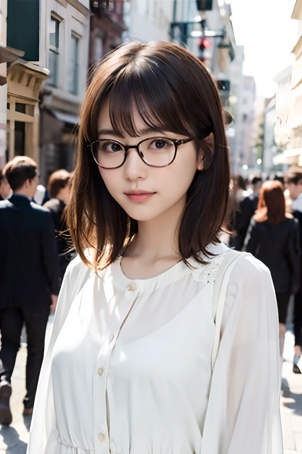 (8K、Raw photography、top-quality、masterpiece:1.2)、(realisitic、Photorealsitic:1.37)、ultra-detailliert、超A high resolution、 1 人、29yo、see the beholder、beautifull detailed face、Smile、Constriction、(Slim waist) :1.3)、Beautiful detailed skin、Skin Texture、well-shaped breasts、Floating hair、Hair bunched into one、(white clothes:1.4)、Professional Lighting、Autumn afternoon、In the street、(((Black-rimmed square glasses)))、The whole body、brown haired、((Shameful appearance))、