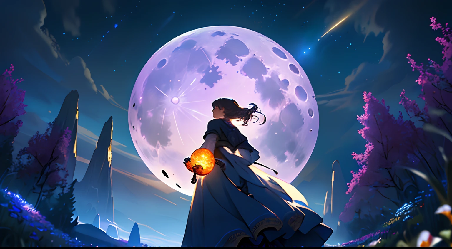 LANDSCAPE PHOTO (SEEN FROM BELOW, SKY ABOVE, FIELD BELOW), GIRL STANDING IN FLOWER GARDEN LOOKS UP (FULL MOON: 1.2), (METEOR: 0.9), (NEBULA: 1.3), DISTANT MOUNTAINS, TREES BREAK CRAFTING ART, (WARM LIGHT: 1.2), (FIREFLY: 1.2), LIGHTS, LOTS OF PURPLE AND ORANGE, INTRICATE DETAILS, VOLUMETRIC LIGHTING BREAK (MASTERPIECE: 1.2), ( Best Quality), 4K, Ultra Detailed, (Dynamic Composition: 1.4), Rich in Detail and Color, (Iridescent: 1.2), (Glow, Atmospheric Lighting), Dreamy, Magical, (Solo: 1.2)
