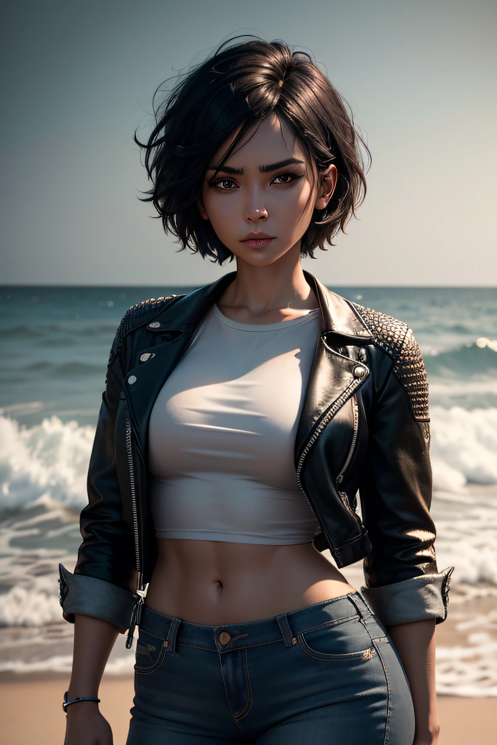 Influencer, short black hair, eye liner, white t-shirt, busty, leather jacket and jeans, on a beach at night, very detailed lighting, 8k HD high definition detailed realistic, detailed, skin texture, hyper detailed, realistic skin texture, armor, best quality, ultra high res, (photorealistic: 1.4), high resolution, detailed, Raw photo, Sharp Re, by Lee Jeffries Nikon D850 Film Stock Photography 4 Kodak Portra 400 Camera F1.6 Lens Rich Colors Hyper Realistic Realistic Texture Dramatic Lighting UnrealEngine trend in ArtStation Cinestill 800