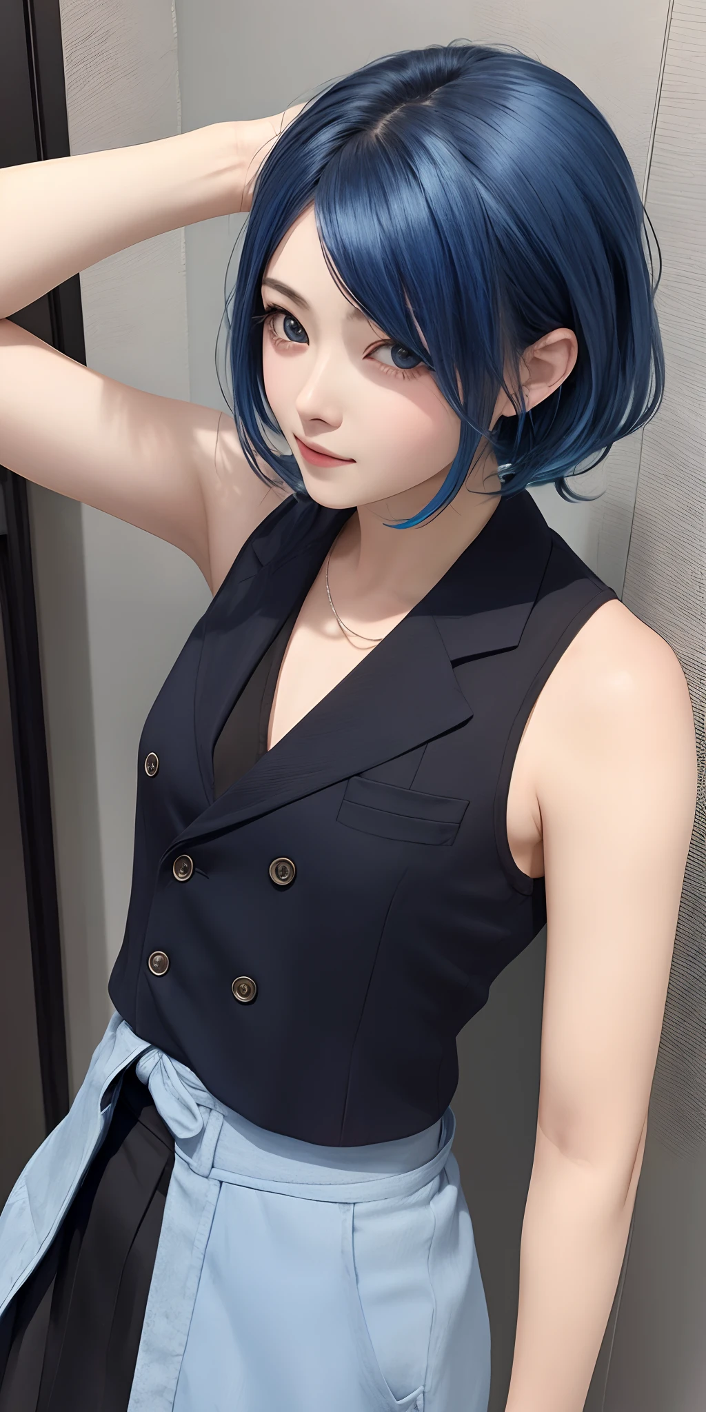 anime girl with blue hair and black vest posing for a picture, ponytail hair,blue eyes,