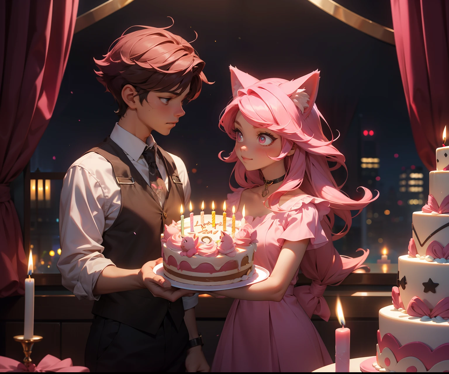 dos personas muy cerca del uno como del otro, el chico con cabello corto cafe y con ojos cafe claro con un rostros muy detallado y hermoso, with a young girl with long pink hair and pink cat ear in a very romantic place with low lights and some candles and various gifts around her and a big birthday cake,