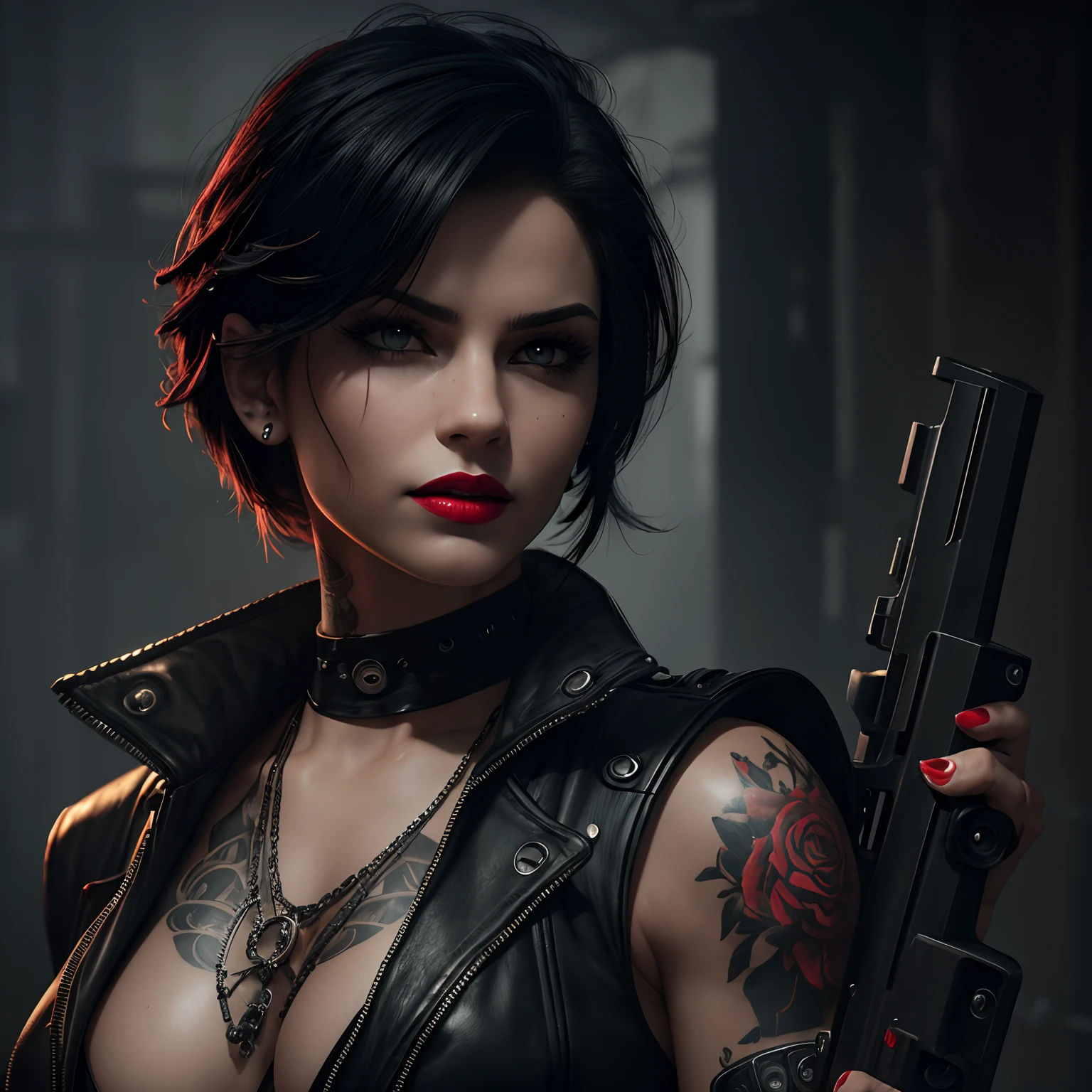 "(best quality,4k,8k,highres,masterpiece:1.2),ultra-detailed,(realistic,photorealistic,photo-realistic:1.37),badass,gorgeous woman,short black hair,ironic smile,epic gloomy atmosphere,cinematic quality,dark environment,mysterious aura,high contrast lighting,dramatic shadows,detailed facial features,fierce eyes,piercing gaze,sleek and stylish outfit,badass weapons,handheld gun,music-inspired,suspenseful,gritty,industrial backdrop,foggy atmosphere,red lipstick,piercings,tattoos,vintage aesthetic"
