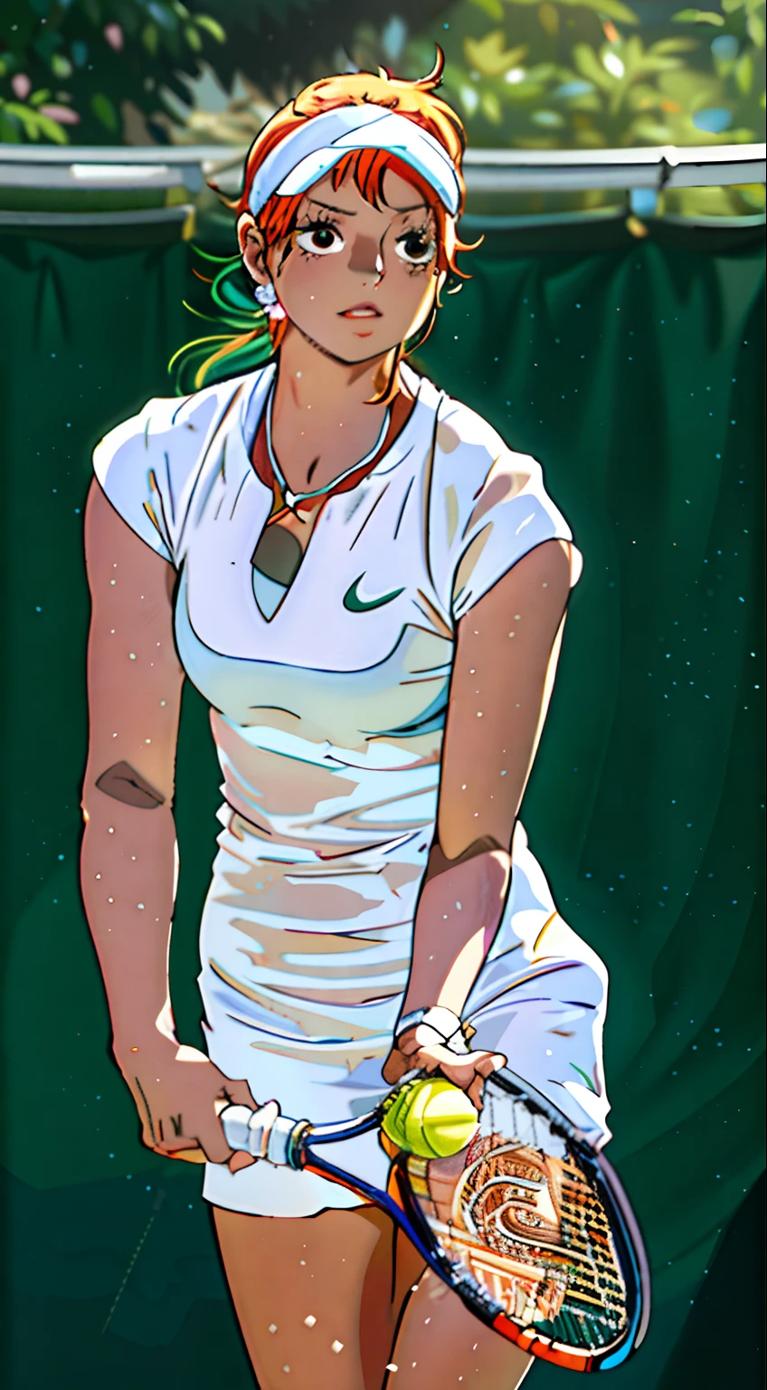 masterpiece, best quality, high resolution, ultra detailed face, nami \(one piece\), a female tennis player holding a racket and ball on a court, long hair, orange hair, white dress