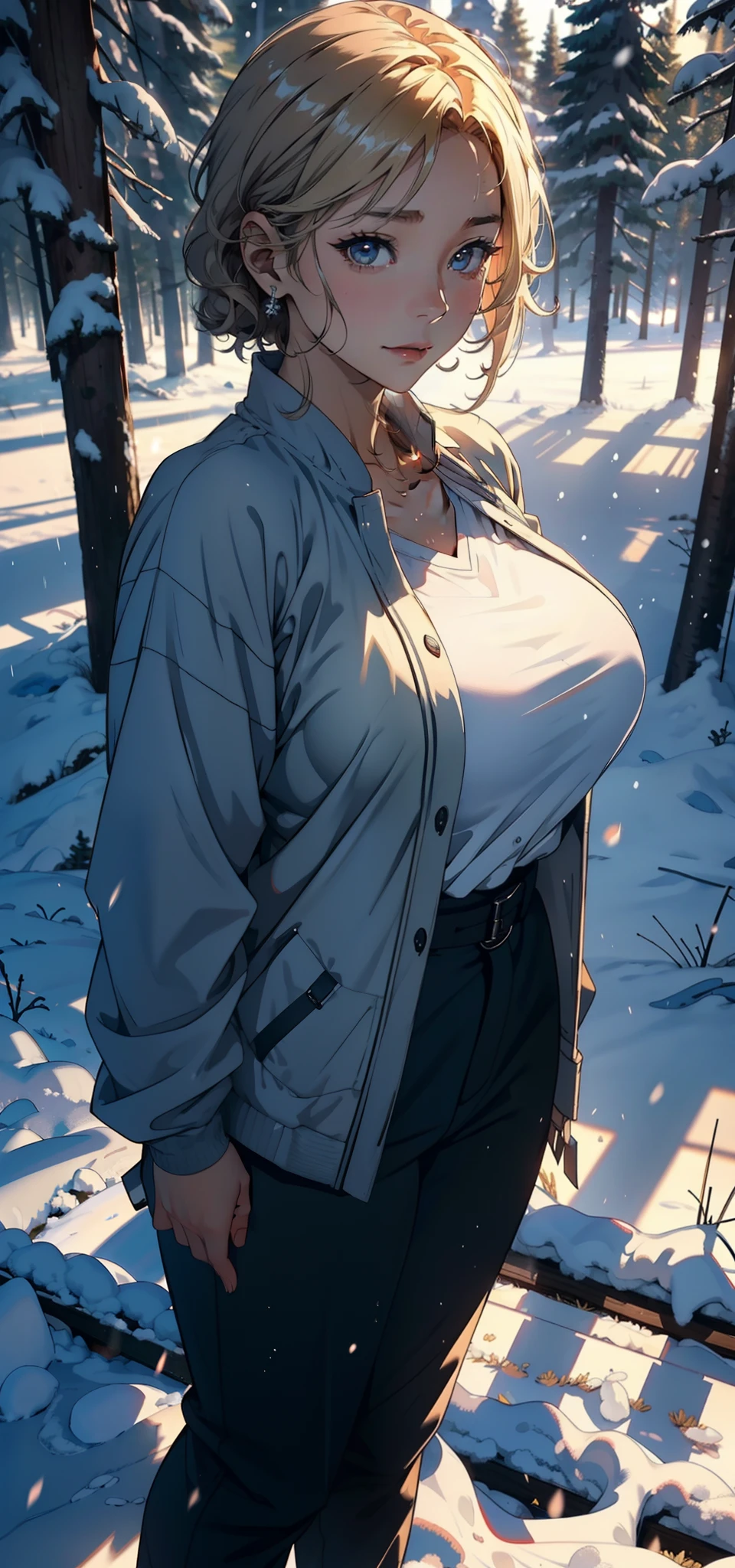 1female,36 years old,A MILF,Large breasts, 独奏,(Background with:coniferous forest,at winter season,Snow on the ground) She has short blonde hair, standing on your feet,Sweat profusely,drenched all over the body,From the front side, curlies, mostly cloudy sky,(((tmasterpiece),(Very detailed CG unity 8K wallpaper),best qualtiy,cinmatic lighting,detailed back ground,beatiful detailed eyes,Bright pupils,(Very fine and beautiful),(Beautiful and detailed eye description),ultra - detailed,tmasterpiece,)),facing at camera,A high resolution,ultra - detailed),Witches,nakeness,比基尼,
