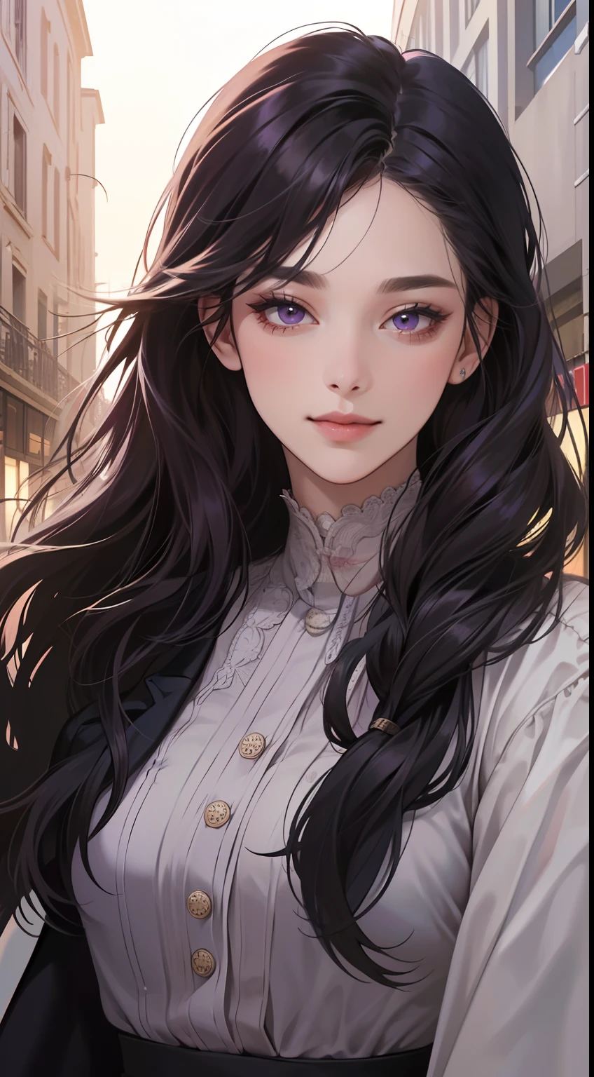 masterpiece, best quality, realistic, 1woman, mature female, beautiful, 25 years old, close his eyes, cute, smile, closed mouth, extremely detailed face, ((dark purple eyes)), ((Black front bang long hair with French twist)), [thin eyebrows], accurate, detailed, ((front bang haor)), female detective, in the city in Victoria era.