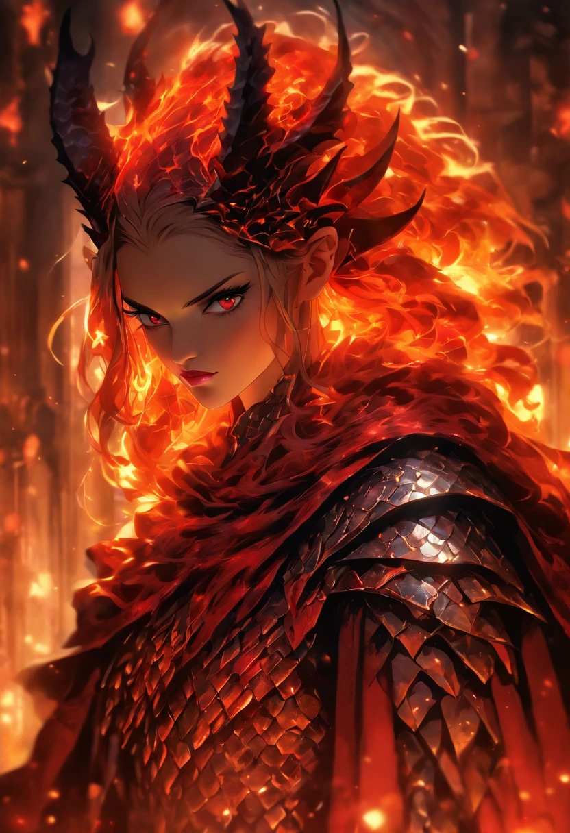 Solo, full-body photo, panorama, a female magician (Kristen Stewart, wearing a two-horned crown, long golden hair shawl, eye details depicted. Red eyes, silver scales armor, her cheeks have silver dragon scales and dragon decoration, looks natural and powerful, black eyeliner, her red lips look intimidating and majestic with a sharp and prominent chin, confident and majestic, red scales long cape, she looks like a mythical dragon, intimidating, dark red lipstick with tall figure, charming, charming, lust, mythical style, dragon scales, scales, evil), complex background (medieval fantasy style, burning castle, blood red sky), Facial Details (1.3) Eye Detail, Cinematic Lighting, Panorama, Projected Inset, UHD, Masterpiece, (Best Quality), (Best Illustration), (Best Shadow), Ccurate, Textured Skin, High Quality, High Details, Super Detail, Award Winning, Best quality, highres, anatomically correct, 8k, close-up, backlighting, metallic