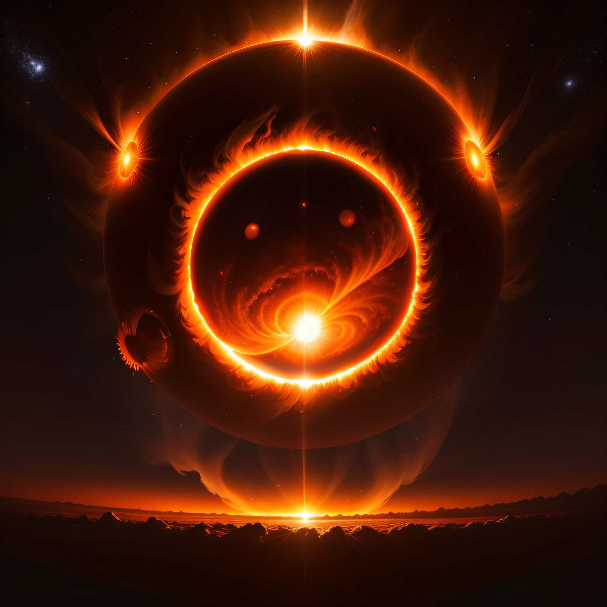 Solar flare explosion, Huge solar surface, The sun is especially big, Particularly clear, Solar corona , Beautiful, spectacular. Spectacular panoramas rendered in 3D, realisitic、Photoreal、Solar plasma