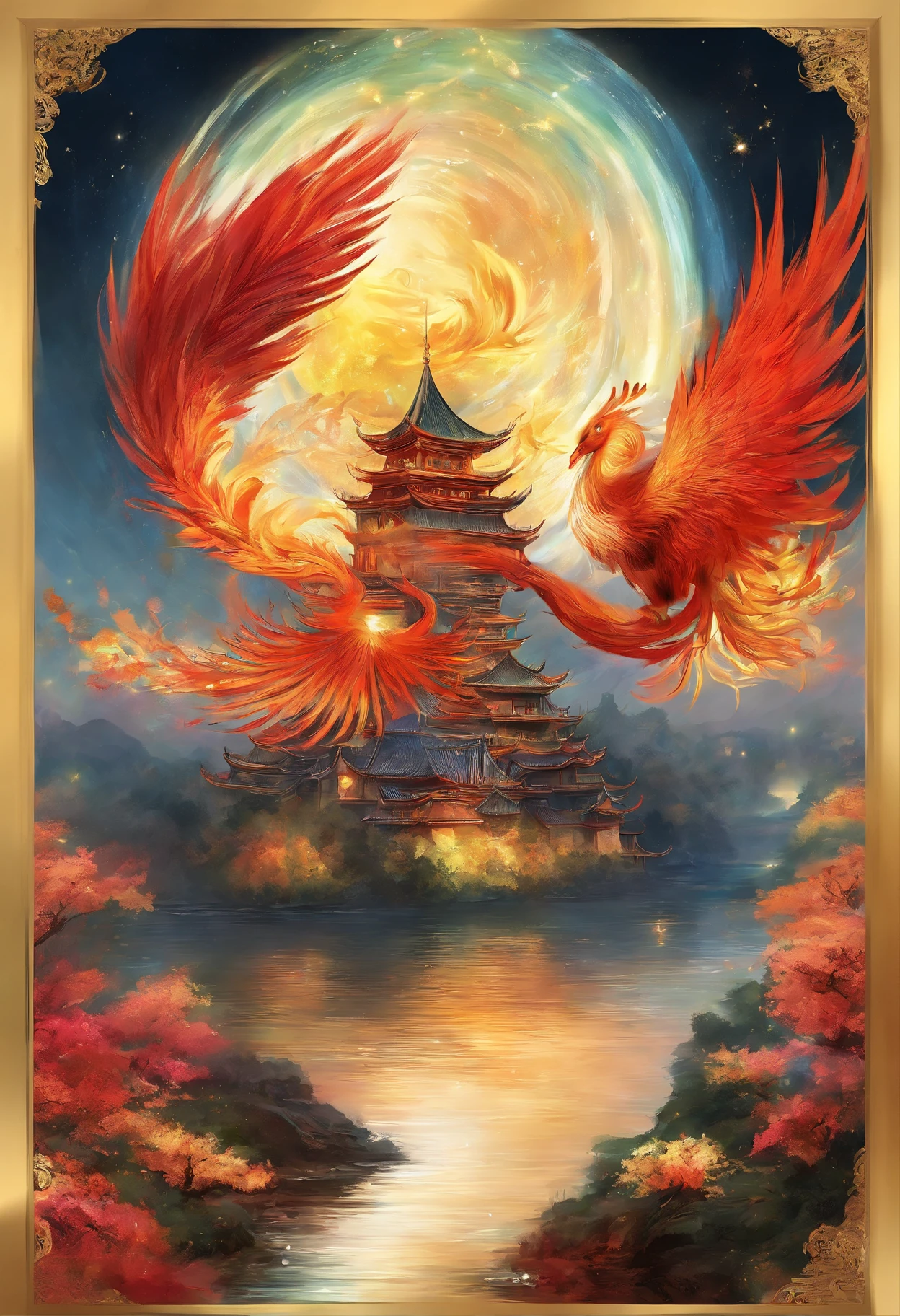 fenghuang，(Flying Phoenix:1.5)，chinesedragon，Dutch Golden Age painting, Fuji colors, Sparkle, Blurry, fading border, round corners, partial underwater shot, Masterpiece, Award-Awarded, A high resolution, 1080p, 8K,in a red dream world, A beautiful artwork illustration, There is a red poster，topmost(The castle is suspended in space:1.5),There are pictures of pagodas and flowers
