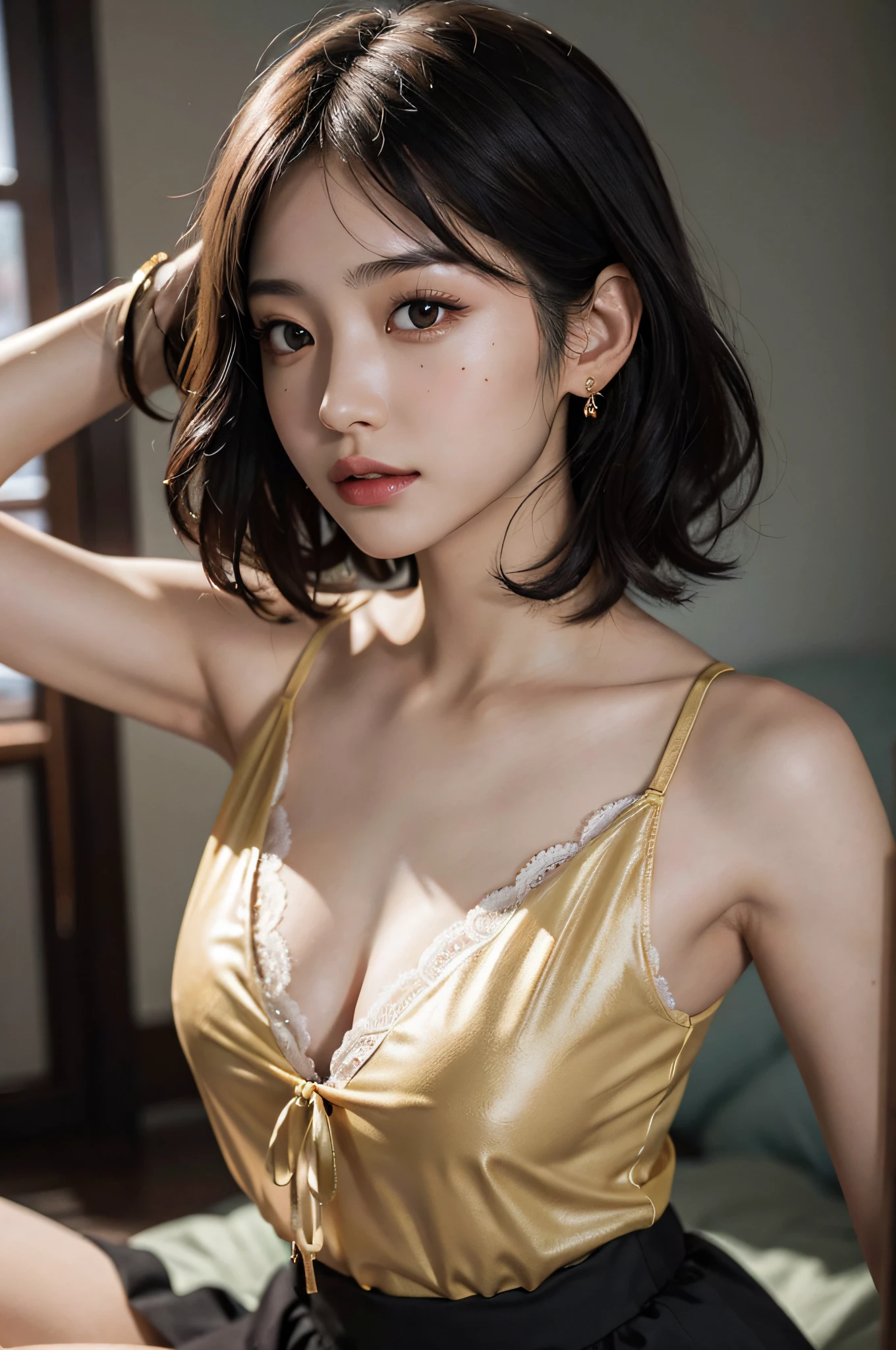 ((very huge round breasts)), perfect anatomy, (full body shot), (short hair, wavy hair), ((blouse)), skirt, sleeveless, RAW photo, extremely delicate and beautiful, masterpiece, Best Quality, ultra high resolution, 16k, hyperrealistic, ultra-detailed, Very detailed CG 8k wallpaper, Beautiful Lighting, Perfect Lightning, Realistic Shadows, super Detailed shiny skin, perfect figure, Japanese woman, late 20s, very Slim body, narrow waist, very small head, handsome detailed woman, very detailed eyes and face, realistic face proportions, Stunning detailed eyes, Realistic beautiful face, very small face, Realistic small beautiful eyes, double eyelids, makeup, tearful mole, mole on chest, earring,