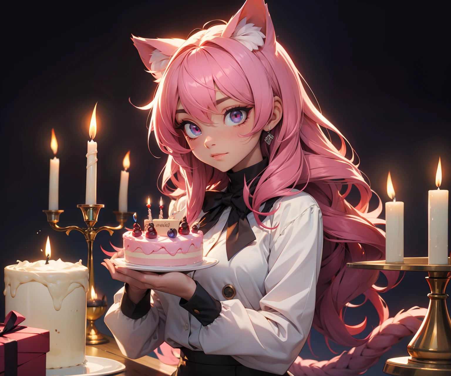 It is the left hand grasping a large piece of cake about the size of the palm of your hand with your bare hands，Turn a little inward in your own direction，Not so generous to grab the cake。

At the same time, because his hair was stained with cream, he was gently wiping his cheeks with the small arm of the same hand(It's a bit like a cat washing its face)，Head low，The hair strands are a little wet，But eyes look at the camera，With his right hand, he squeezed a small piece of peeled cake and fed it to the camera，The mouth is still slightly open，It was as if she could be heard shouting『aaaaaaaaaax～～aaaaaaaaaax～～～Mouth open～～』