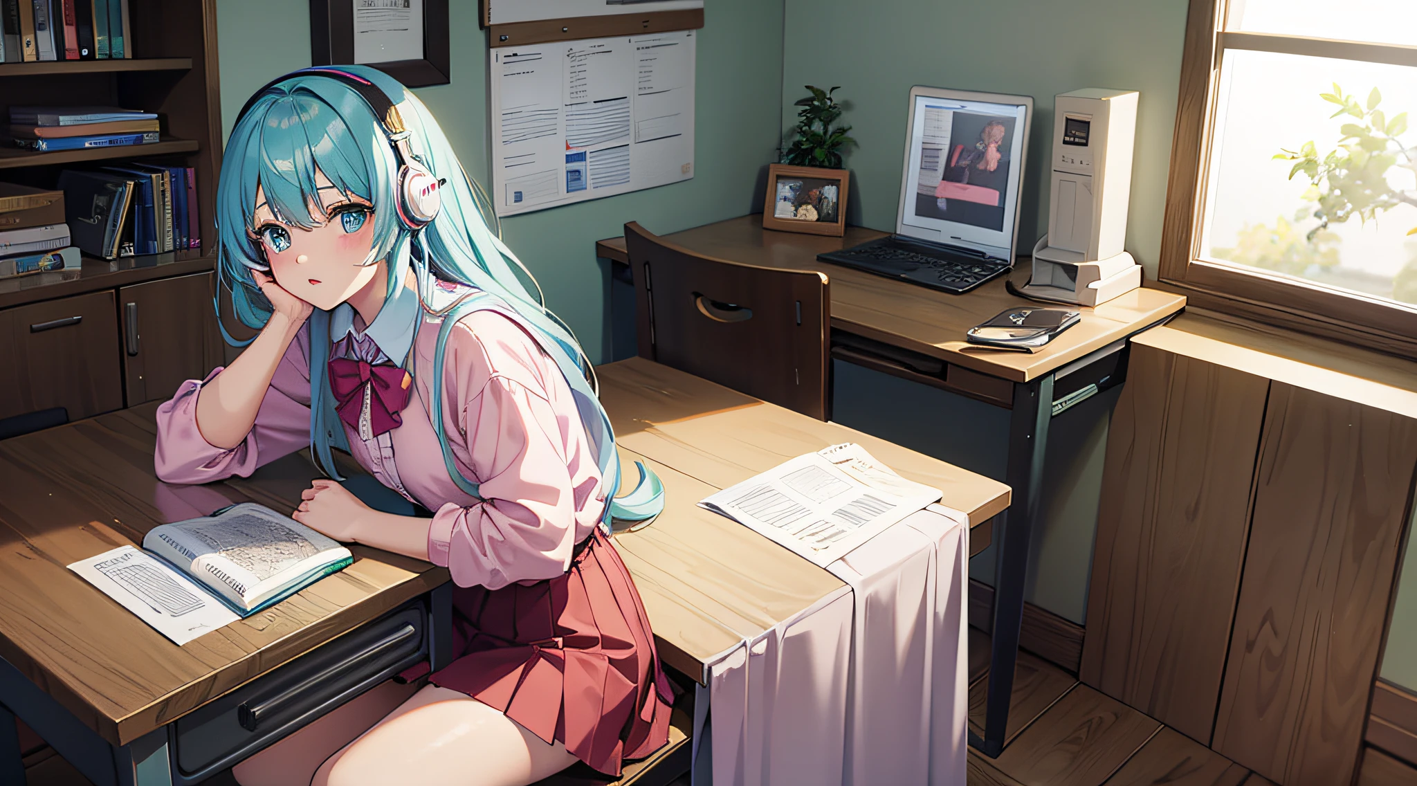 an anime girl studying in her cozy, well-lit bedroom. The girl has long, flowing pastel-colored hair and is dressed in a cute outfit with a colorful, pleated skirt and a neatly buttoned shirt and is wearing headphones. She sits at a clutter-free desk, covered with textbooks and study materials, and her appearance reflects a diligent, studious demeanor