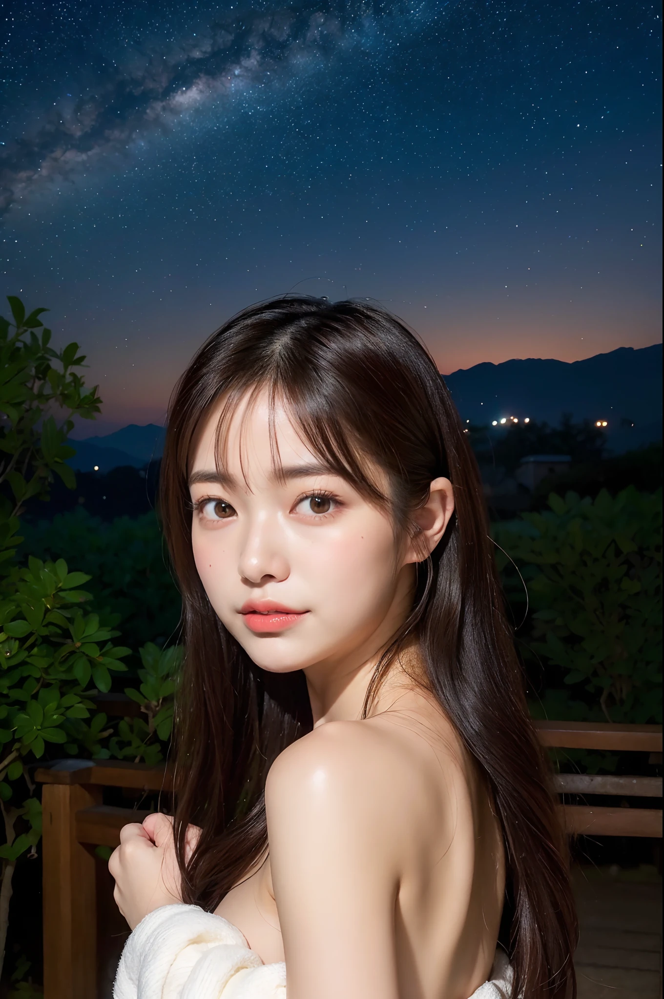 (natta:1.7), East Asian Architecture, 1womanl, 、Beautiful shiny straight semi-long、Beautiful fingers,Beautiful long legs,Beauty Body,Cute nose,Beautiful character design,perfect eyes,face perfect,looking at viewert,(Innocent_Big_Eyes:1.0),(light_Smile:0.3),offcial art,ighly detailed ,(tmasterpiece:1.0),(best_quality:1.0), 超A high resolution,4K,ultra - detailed, photography of, 8K, nffsw, hight resolution, the background is blurred, (Beautiful_Face:1.5),(8K,Raw photo, 、Relax at a ryokan in Japan、The background is an ordinary inn(Depict the inside of the room more widely:1.2) Night view of the beautiful hot spring town from the window of the inn:1.3),(Girls are not subjects:1.3) (Hair after a bath:1.3)),((A girl is outside an inn and looking at the starry sky:1.3)), ((Standing naked with a bath towel wrapped around his side:1.3)),((The starry sky is beautiful:1.3))、((Wearing Japan clogs:1.3))(There is a large Japan garden outside the inn.......:1.3),((Girl is outdoors in beautiful Japan garden at night:1.3))((The main character is Japan garden))
