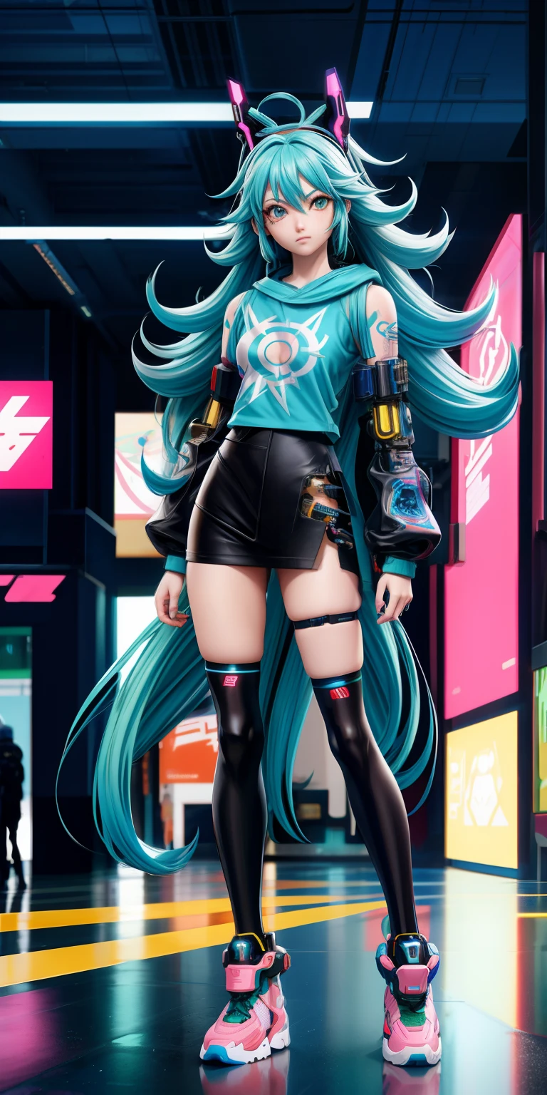 anime girl with sky blue braid hair, eye looking front, straight face, tattoo, straight body, poser, mall background, long messy curly white green hair, cyberpunk anime girl in oversized tshirt, cyberpunk anime girl, anime style 4 k, anime cyberpunk art, best anime 4k konachan wallpaper, digital cyberpunk anime art, female cyberpunk anime girl, digital cyberpunk - anime art, cyberpunk anime art, anime cyberpunk, cyberpunk streetwear, cyberpunk art style