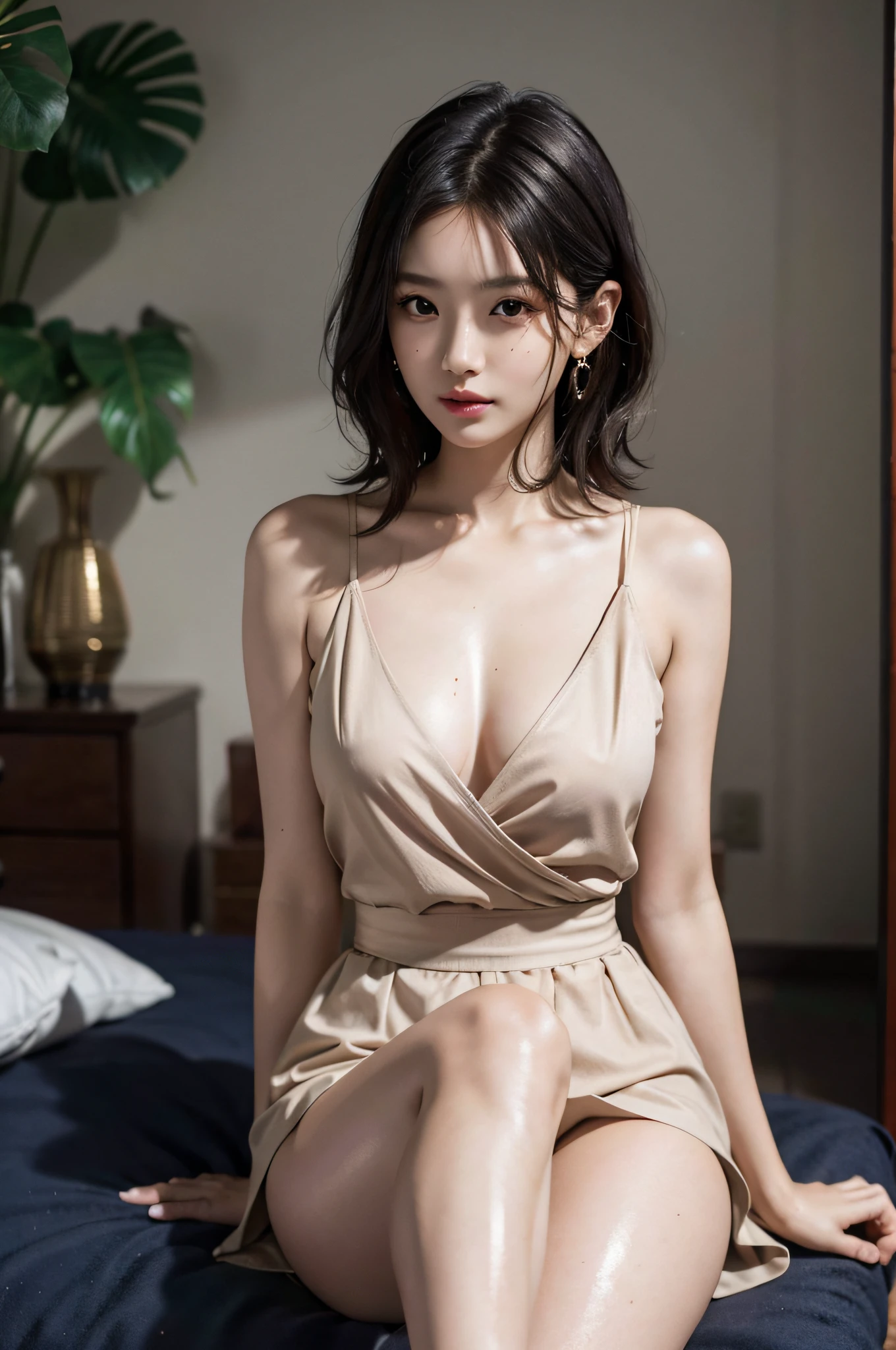 very huge round breasts, (full body shot), short hair, wavy hair, ((blouse)), skirt, sleeveless, RAW photo, extremely delicate and beautiful, masterpiece, Best Quality, ultra high resolution, 16k, hyperrealistic, ultra-detailed, Very detailed CG 8k wallpaper, Beautiful Lighting, Perfect Lightning, Realistic Shadows, perfect anatomy, super Detailed shiny skin, perfect figure, Japanese woman, late 20s, very Slim body, narrow waist, very small head, handsome detailed woman, very detailed eyes and face, realistic face proportions, Stunning detailed eyes, Realistic beautiful face, very small face, Realistic small beautiful eyes, double eyelids, makeup, tearful mole, mole on chest, earring,