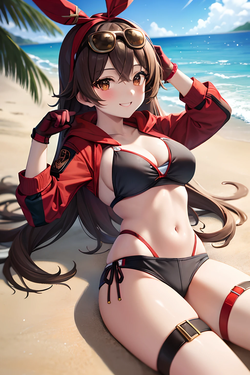 Amber 5 stars, A smile, red blush, tag, ,(Black Bikini:1.3) (the beach:1.3),