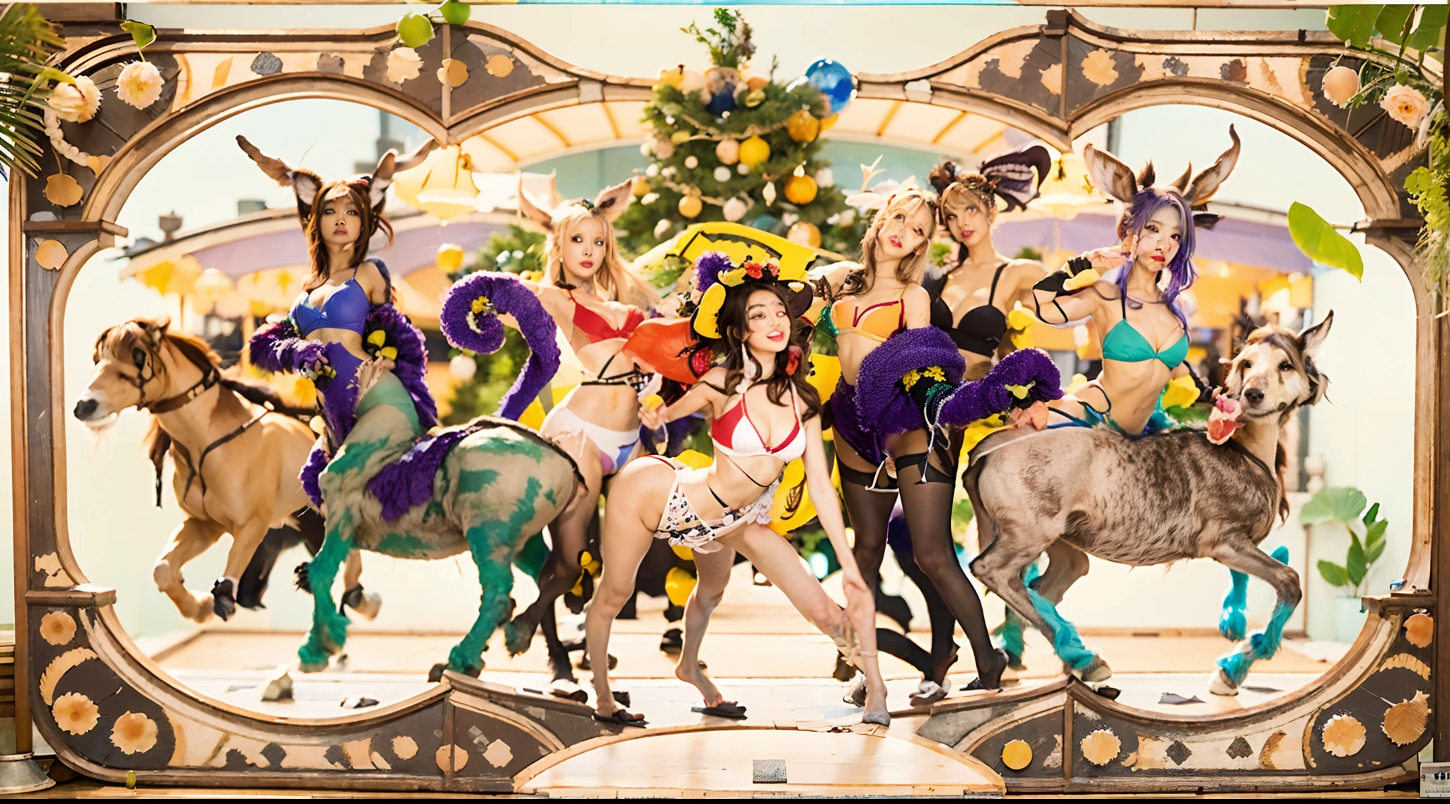 In the beautiful illustration of this super-grand scene,The ultra-distant lens shows us(Over eight separate and distinctive centaur characters:9.9),They all have their own characteristics,Vivid and interesting。Translucent fluid flowing from the(A radiant angelic centaur from the celestial realm:6.6),to the(A centaur surrounded by nightmarish flames:6.6)、And then(A fairy centaur dancing in the air:6.6)、And then there is(Unicorn centaur surrounded by lightning:6.6),to the(Mechanical style centaur with a metallic glow:6.6)、And then(Powerful colorful dragon scale centaur:6.6)、And then(Graceful and agile elf centaur slenderness:6.6)Gracefully wears a flower crown、to the(Enchanting and charming Tiflin centaurs:6.6)、And then(A succubus centaur with an indescribably sexy feeling:6.6)。Each character has their own unique charms and abilities。The illustration uses advanced artistic techniques and tools,(Use nesting、woven、stitching、ssee-through、arrange、grouping、Storyboards and other methods,Divide the scene into sections by geometric arrangement:9.9),Each section corresponds to a centaur character,This makes more efficient use of space。Through Midjourney's advanced brush tools、Color palette、Material packs and model packs、Texture tools,For each centaur, beautiful props are designed to increase racial characteristics、Clothing and physical features,(Enhances the character's personality and visual appeal:2.5),The scenery in the illustrations is stunning,There are changing skies、rainbowing、extreme light、Stars and Moon。Incorporating iconic landmarks such as Mount Everest,and fireworks、tranquil lake、Natural and urban elements of waves and neon lights,Creates a magical atmosphere,The centaurs display their unique abilities and equipment in a variety of environments,This is true even in extreme alien landscapes。(Use Midjourney's tools、Material packs、Texture tools、The color palette makes depicting details vivid and realistic:9.9),From complex hairstyles and as well as different racial tr