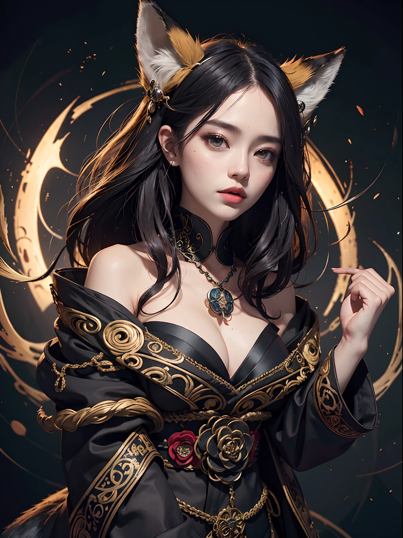 1girls, bara, official art, Unity 8k壁纸, ultra-detail, beautiful and beautiful, masterpiece, bestquality, photorealistic portrait, (abstract background:1.5) (Zentangle, Mandala, tangle, Entangle:0.7) Kitsune Witch, fox mask, Haori Jacket, Foxfire Spells, Familiar fox, transformation, Depth of Field, Amazing atmosphere., most beautiful form of chaos, Elegant, Dark theme designed by Brutalist, Flower of the Dead, ecstasy of flower