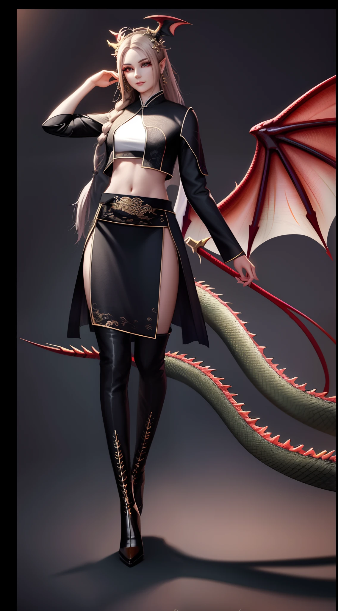 Close-up of a woman in a costume，On the shoulder carries a dragon, full-body xianxia, Dragon girl, hyper-detailed fantasy character, Full body CGsociety, dragon - inspired suit, epic exquisite  character art, 3 D rendering character art 8 K, Succubus | medieval, dragon-inspired cloth robes, demonic dragon inspired armor