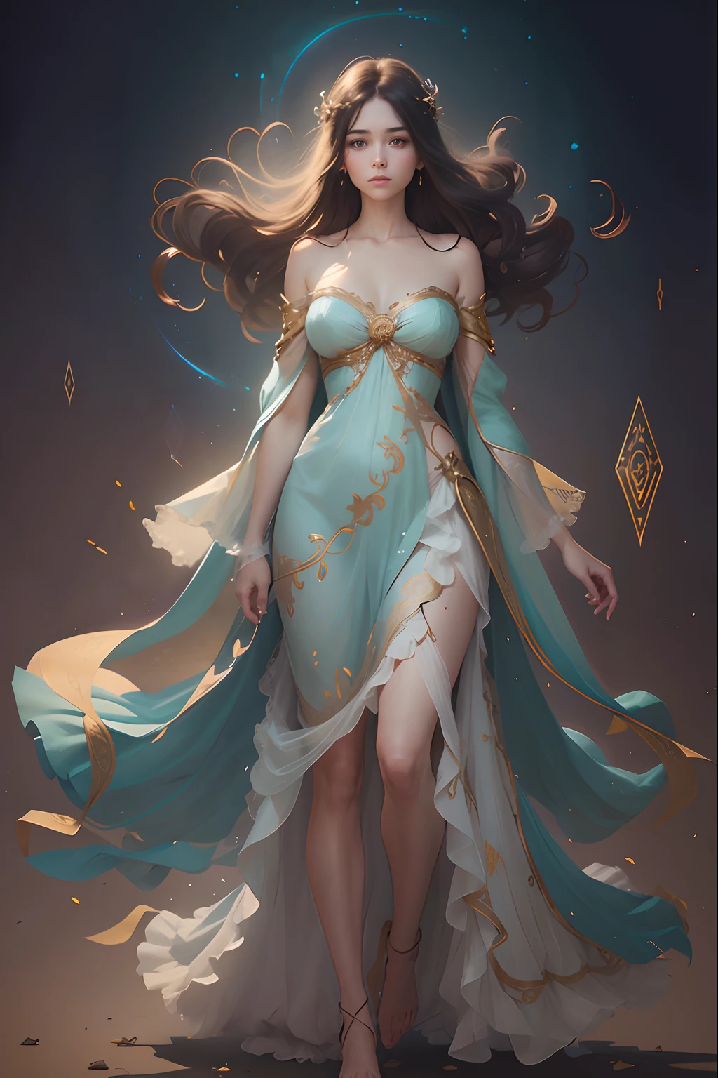 front view of face and full body head to toe angel woman facing the camera, full color Sketch book, highly detailed hand drawn, light, realistic sketch, light teal and gold chiffon linen and flowing gossamer with ruffled silk under garments dress braded dark brown hair Rough sketch, mix of bold dark lines and loose lines, bold lines, on paper, beautiful angel facing camera, character model sheet, back view included on character sheet. female, Full body, runes, light hero theme, flowing partially braided hair, beautiful 8k photorealistic
