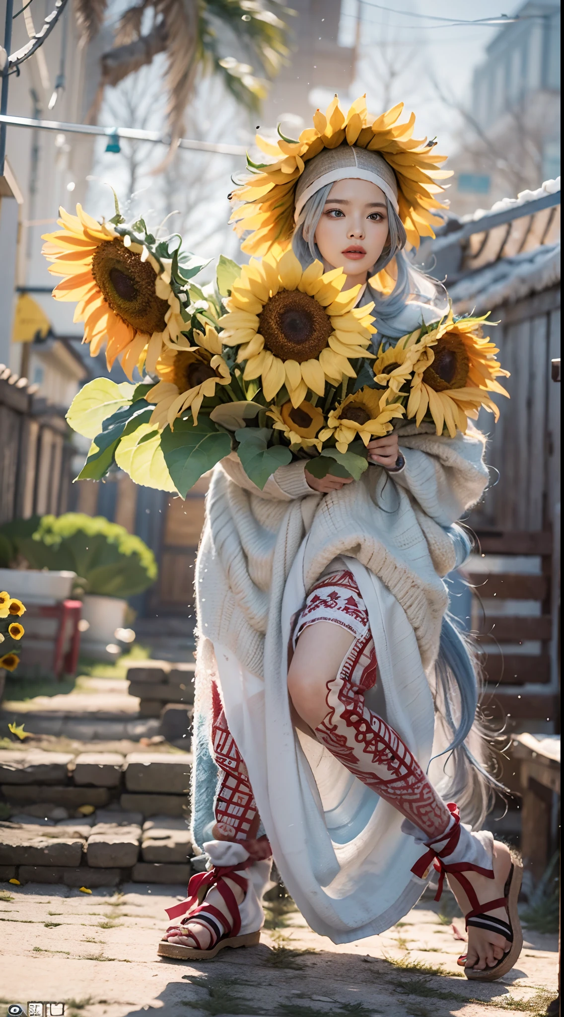 In a very grand scene,The extra-large wide-angle lens captures the appearance of a female centaur。She is a Sunflower Worship nun,Always opposed(Healing emoji smiley face of knitted sunflower puppet😊:99.99)DOA。She is tall,It has the ultimate curvy beauty,The muscles are slender and firm,Beautiful lines。She has(Super huge sky blue eyes:99.99)、always(Wearing sexy glasses:6.66)、(She wears solemn nun attire:9.9)、Stepping on a boot-style skyscraper-heel、A pink cross hangs on his chest。Use Midjourney's advanced tools,Designed for female centaurs(A knitted sunflower puppet and create a super healing cartoon smiley face in the center of the flower tray as a decoration:9.9),and noble and solemn nun costumes,and highlight her unique physiological characteristics and appearance details,Add realism。And in the context of her prayers and listening to confessions,Spectacular views of nature,Such as the sky where storms and sunny days alternate、Brilliant rivers of stars and auroras、The snow-capped summit of Mount Everest、Fireworks in the mountain town, etc。ao mesmo tempo,Away from the hustle and bustle next to the chapel,Create a fantastic scene。Use Midjourney's advanced tools and multiple color palettes、Brush Strokes、Texture tools and model packages,It shows a sense of atmosphere where beauty and charm coexist。The charm of the female centaur is highlighted through color and lines,Enhance realism with detailing,Create a surreal dreamy feeling。Additionally,Use Midjourney's tools to add various exorcism props and books to the female centaur、pergaminhos,Create intricate hairstyles and outfits,Give her a sense of premium。She never flinches,No matter what monster you encounter,can respond quickly,Even the most extreme armies of natural disasters and monsters could not stop her and her front(Sunflower with Tyndall effect that emits sunlight9.99)。Use Midjourney's powerful tools,You can do it with incredible detail and beauty,Bring this ultra-grand and beautiful scene to life。Ultra-grand sc