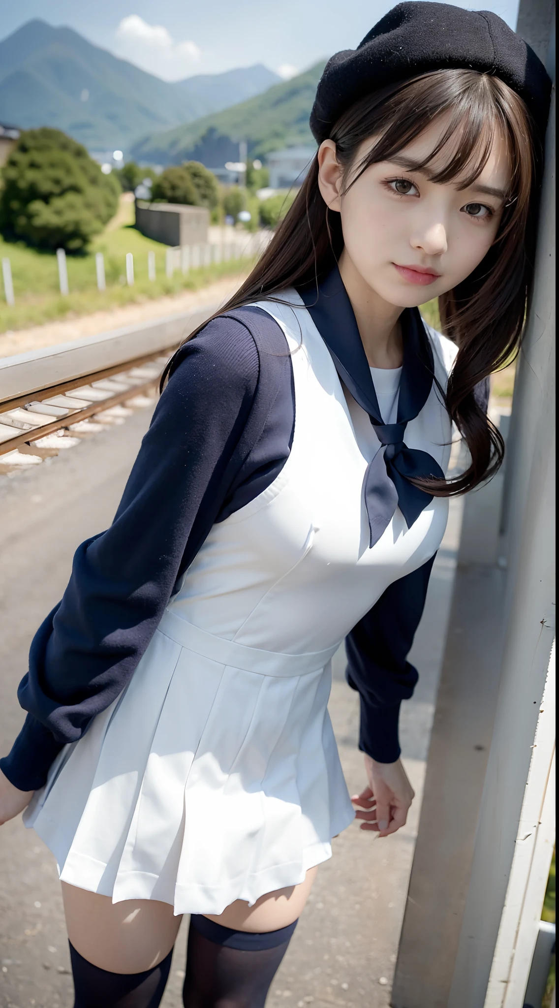 mix4, (16 K, Raw photography, Top image quality, masterpiece: 1.45), (realisitic, Photorealsitic: 1.37), one girls, 7.5, etc、Random hairstyle、Standing figure,Daytime、a very cute,countryside view,, profetional lighting, photon maping、physically-based renderingt, Gradient dark brown hair,Crisp backgrounds and high resolution, a handsome, Well-groomed and beautiful eyes、Large double eyelids、Very shiny、girl with, (((student clothes、Winter clothes、Sailor suit worn by Japan schoolgirl、Navy blue sailor color、scarf、a miniskirt, Small beret、high socks、lowfers))), Top Quality Photos, hight resolution, 1080p, (clearface), (Detailed face description), (Detailed hand description), (masterpiece), (Exquisite CG)、extreme light and shadows、dishevled hair、master work、abundant detail、(Fine facial features)、(top quality photo)、(masuter piece)、(A detailed eye)、Look in front of you、Fine clavicle、((Slender big))、(((Japan schoolgirl in sailor suit)))、((Idle system))、((country、train track、railroad crossing、Mountains in the distance々))、(((neat and cute)))、耳Nipple Ring、A big smile、Drawing the whole body from the knees、Do not draw nasolabial folds、(((Long sleeve sailor suit)))、(Big breasts that hang down big:1.2)、Big buttocks with tension、Two arms and two legs、(((from the front side:0.3)))、bare hand、No mask、No skin exposure