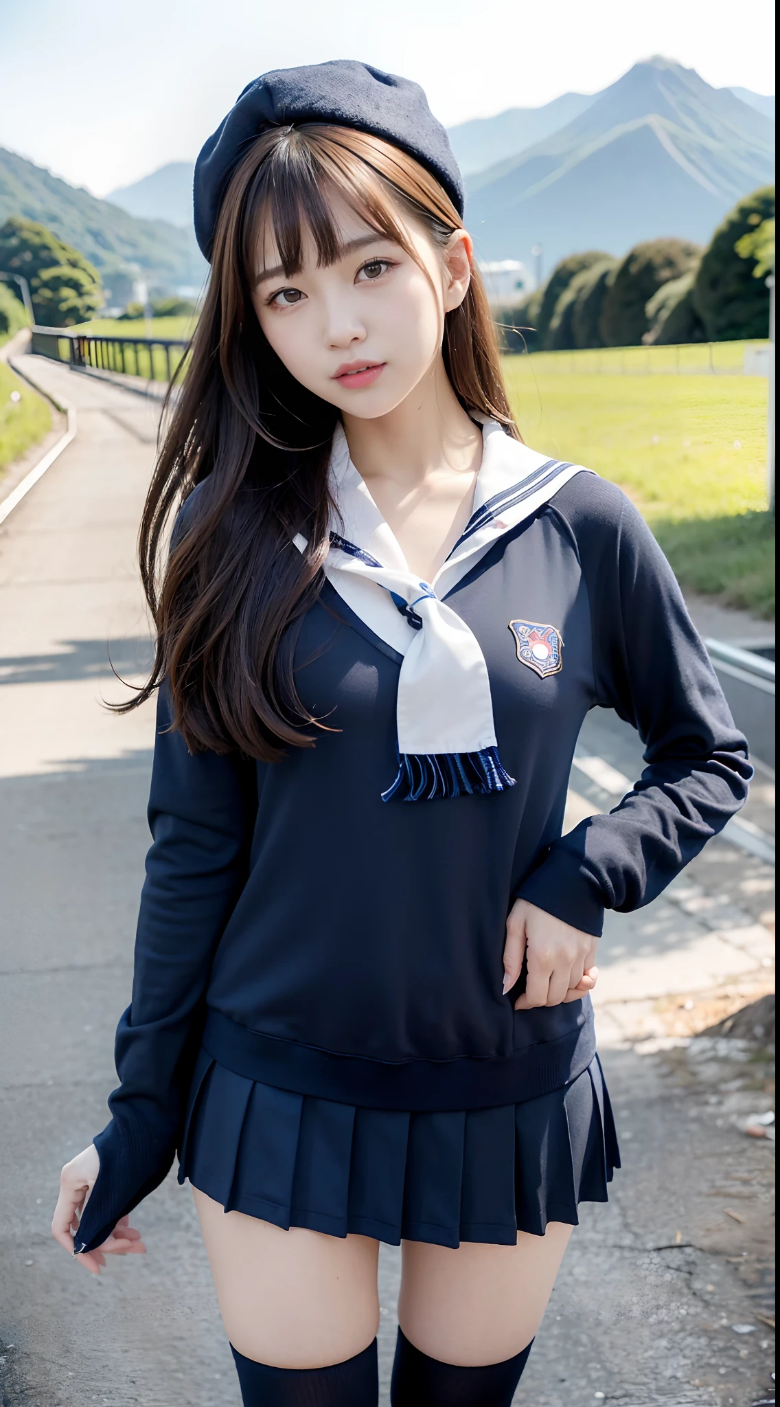 mix4, (16 K, Raw photography, Top image quality, ​masterpiece: 1.45), (realisitic, Photorealsitic: 1.37), one girls, 7．5, etc、Random hairstyle、Standing figure，Daytime、a very cute,countryside view,, profetional lighting, photon maping、physically-based renderingt, Gradient dark brown hair,Crisp backgrounds and high resolution, a handsome, Well-groomed and beautiful eyes、Large double eyelids、Very shiny、girl with, (((student clothes、Winter clothes、Sailor suit worn by Japan schoolgirl、Navy blue sailor color、scarf、a miniskirt, Small beret、high socks、lowfers))), Top Quality Photos, hight resolution, 1080p, (clearface), (Detailed face description), (Detailed hand description), (​masterpiece), (Exquisite CG)、extreme light and shadows、dishevled hair、master work、abundant detail、(Fine facial features)、(top quality photo)、(masuter piece)、(A detailed eye)、Look in front of you、Fine clavicle、((Slender big))、(((Japan schoolgirl in sailor suit)))、((Idle system))、((country、train track、railroad crossing、Mountains in the distance々))、(((neat and cute)))、耳Nipple Ring、A big smile、Drawing the whole body from the knees、Do not draw nasolabial folds、(((Long sleeve sailor suit)))、(Big breasts that hang down big:1.2)、Big buttocks with tension、Two arms and two legs、(((from the front side:0.3)))、bare hand、No mask、No skin exposure